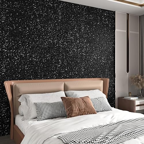 Miniatura 4 de STICKEEP Papel tapiz negro con purpurina gruesa para pegar y despegar para dormitorio, papel adhesivo con purpurina para paredes, armarios, papel
