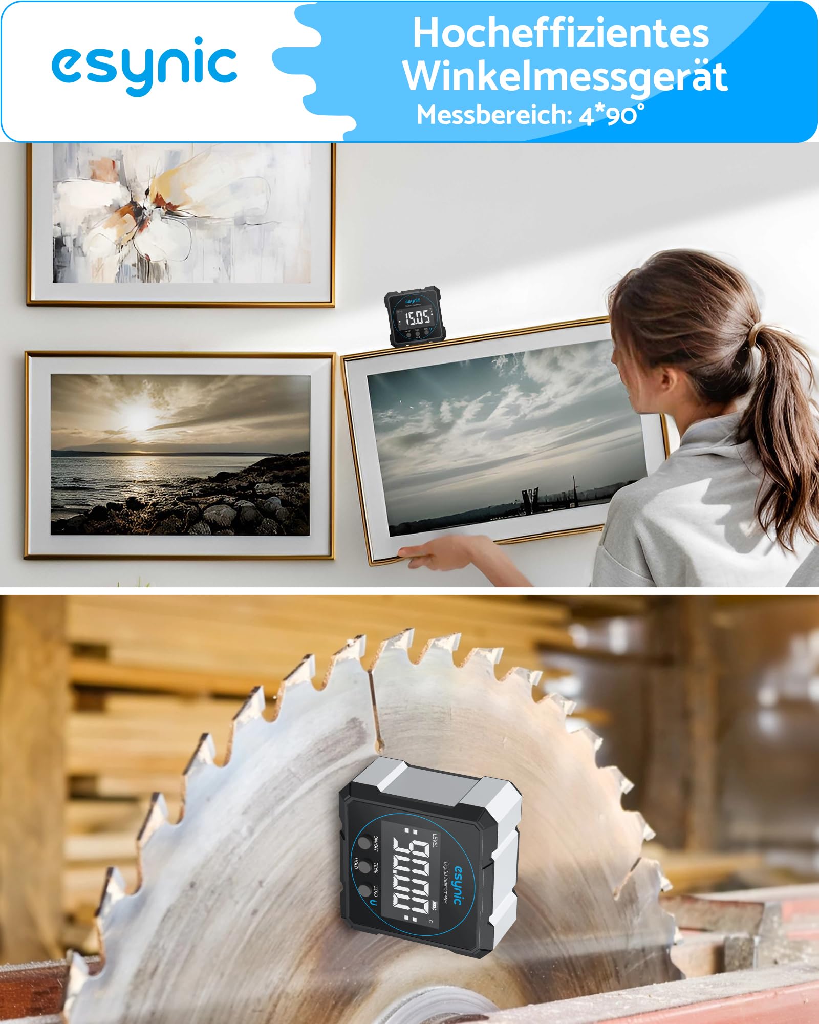 eSynic Digitaler Neigungsmesser mit 4-seitigen Magneten Wasserwaage mit LCD Display wiederaufladbar, Aluminiumgehäuse IP54 wasserdicht, für Tischkreissägen, Holzarbeiten und Bauprojekte