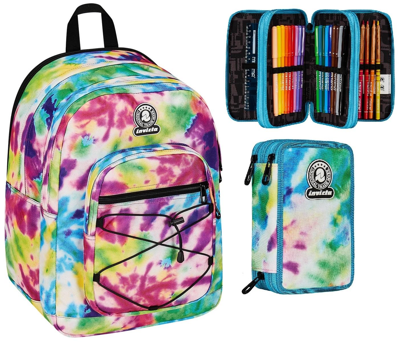Invicta Zaino Scuola Dial Multicolore, Doppio Scomparto, Tasca Porta PC + Astuccio Scuola 3 Scomparti, Azzurro e Viola, Bambina Ragazza