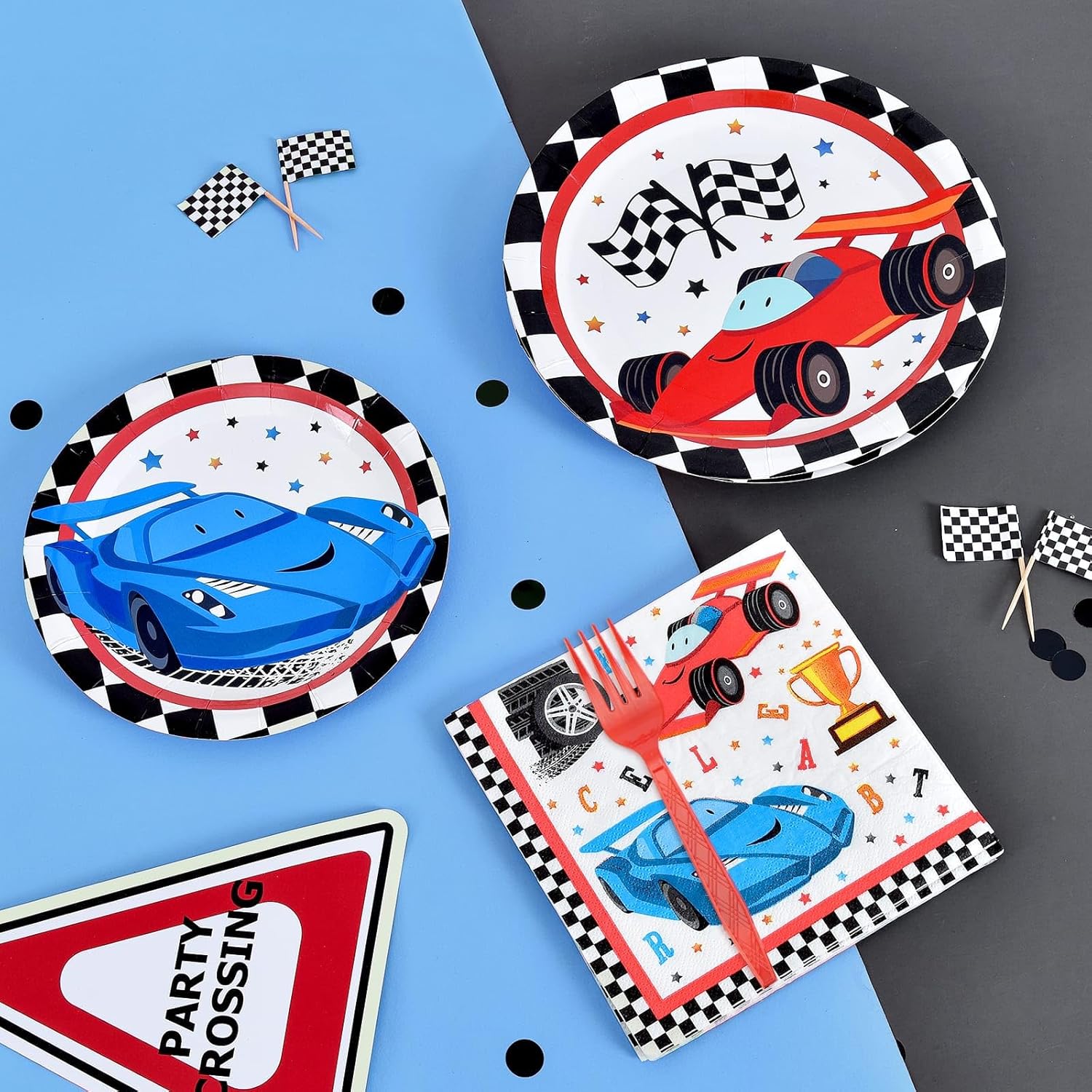 WERNNSAI Cars Birthday Decorations - 64PCS Race Car Plates Napkins and Forks Set Racing Birthday Party Supplies Checkered Plates and Napkins for Kids Boys Baby Shower Favors Serves 16 Guests