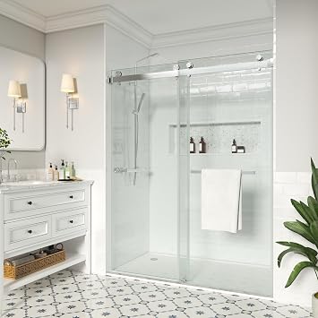 Shower Door, 56-61 "W x 72 "H, SGCC Certified 3/8" 10 mm Clear Tempered Glass, 1 Towel Bar Handle, 1 Finger Pull, Frameless Double Sliding Shower Door,Stainless Steel Brushed Nickel Finish