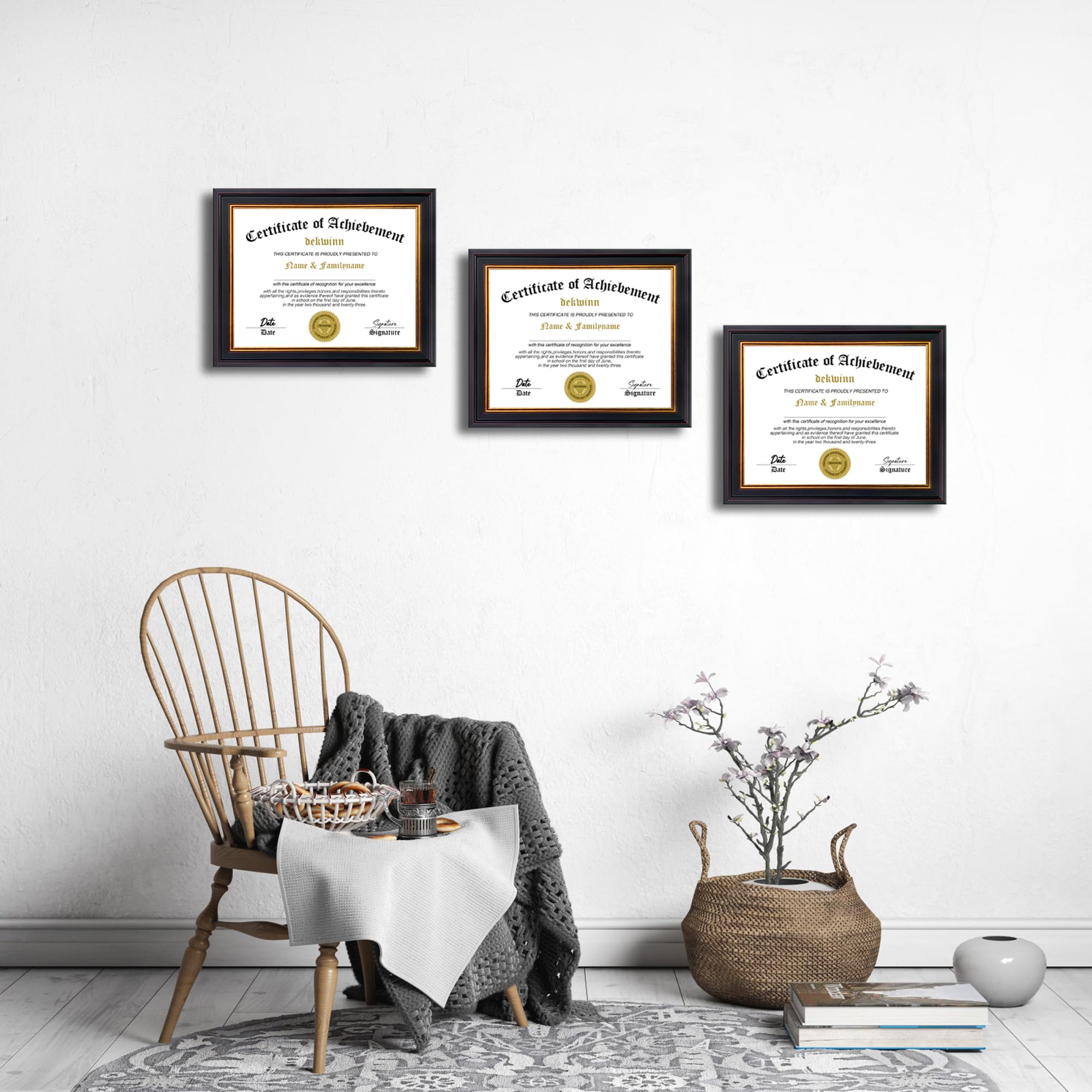 Diplomrahmen für Urkunden und Dokumente, 21,6 x 28,9 cm, 3 Stück, mit Echtglas, Diplomrahmen für Wandgalerie oder Tischdekoration, Schwarzgold-Zierleiste, ohne Passepartout