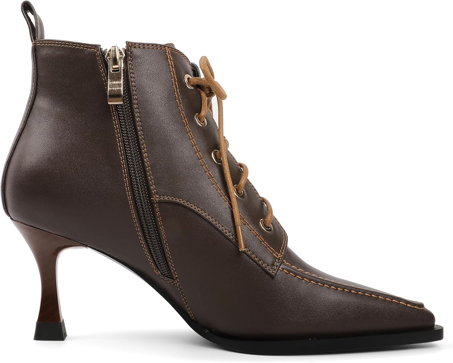 Women's Booties Stiletto High Heel Lace up Square Toe Side Zipper Leather Short Ankle Boots 3 Inches