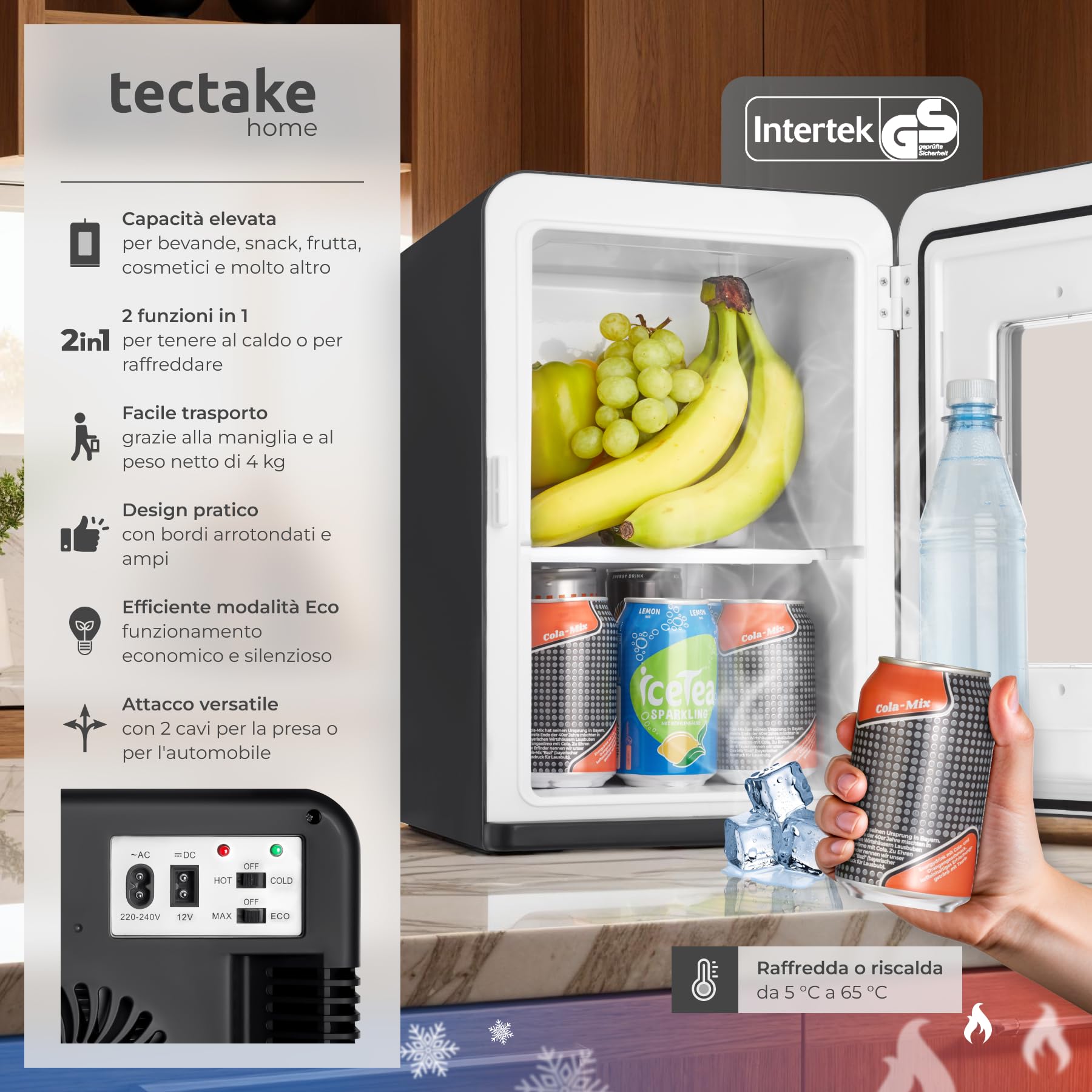 tectake® Mini Frigorifero Portatile con Finestra, Frigorifero Piccolo 2 in 1 per Raffreddamento e Riscaldamento, Frigorifero da Viaggio con Funzione Eco Silenziosa, Design Compatto - Nero