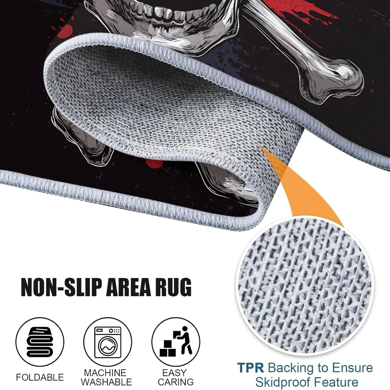 Black Washable Round Rugs - Non-Slip Round Rug 7ft Skull and Crossbones Rugs for Entryway Vintage Non-Slip Throw Carpet for Kitchen Bedroom Nursery