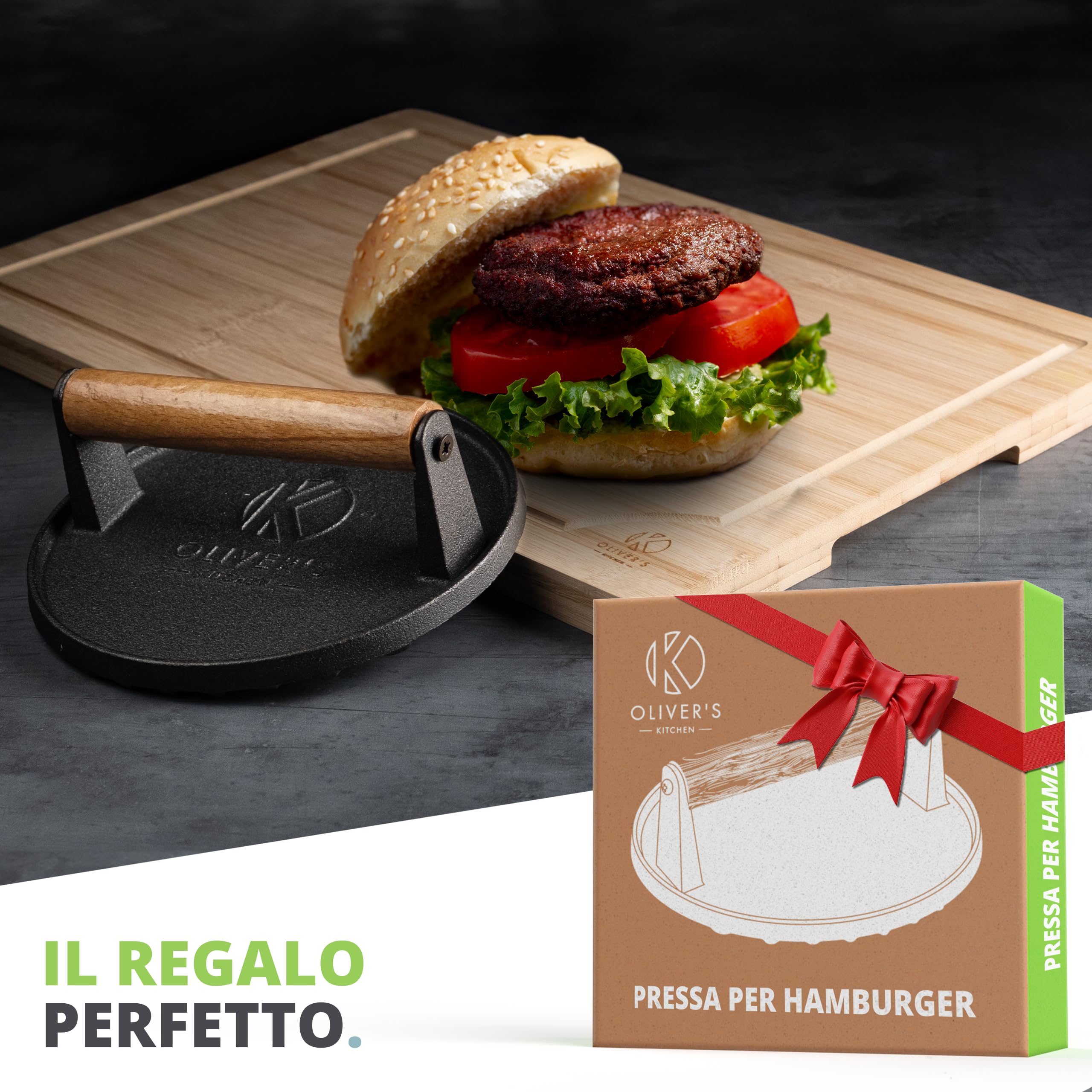 Pressa Hamburger Oliver's Kitchen ® - Pressa in Ghisa per Hamburger Diametro 19 cm – Impugnatura Confortevole – Base Antiaderente – Perfetta per Uso Professionale o Per Amanti del Barbecue