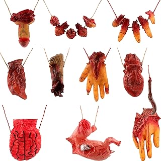 Cotiny 10 Pieces Halloween Fake Hanging Body Parts Rubber Hands Broken Decorations for Halloween Party Prank Props Haunted House Ornaments