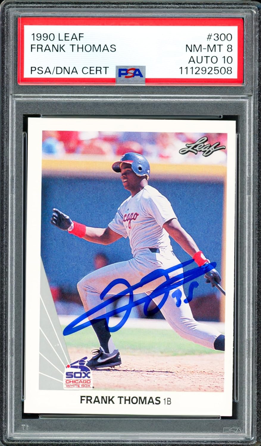 Frank Thomas Autographed 1990 Leaf Rookie Baseball Card #300 PSA 8 Auto Grade Gem Mint 10 PSA/DNA Stock #250507