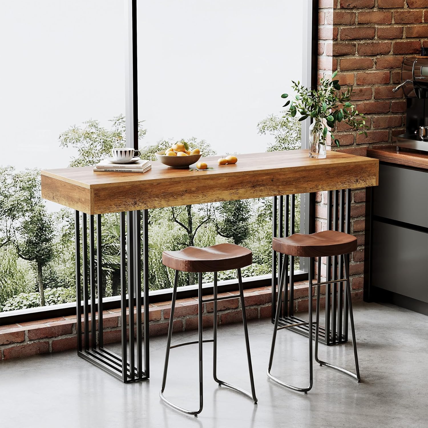 LITTLE TREE 63" Bar Table, Bar Height Table with 39.37" High Metal Frame, Industrial Counter Height Table for Coffee Shop, Bistro, Living Room (No Chair)