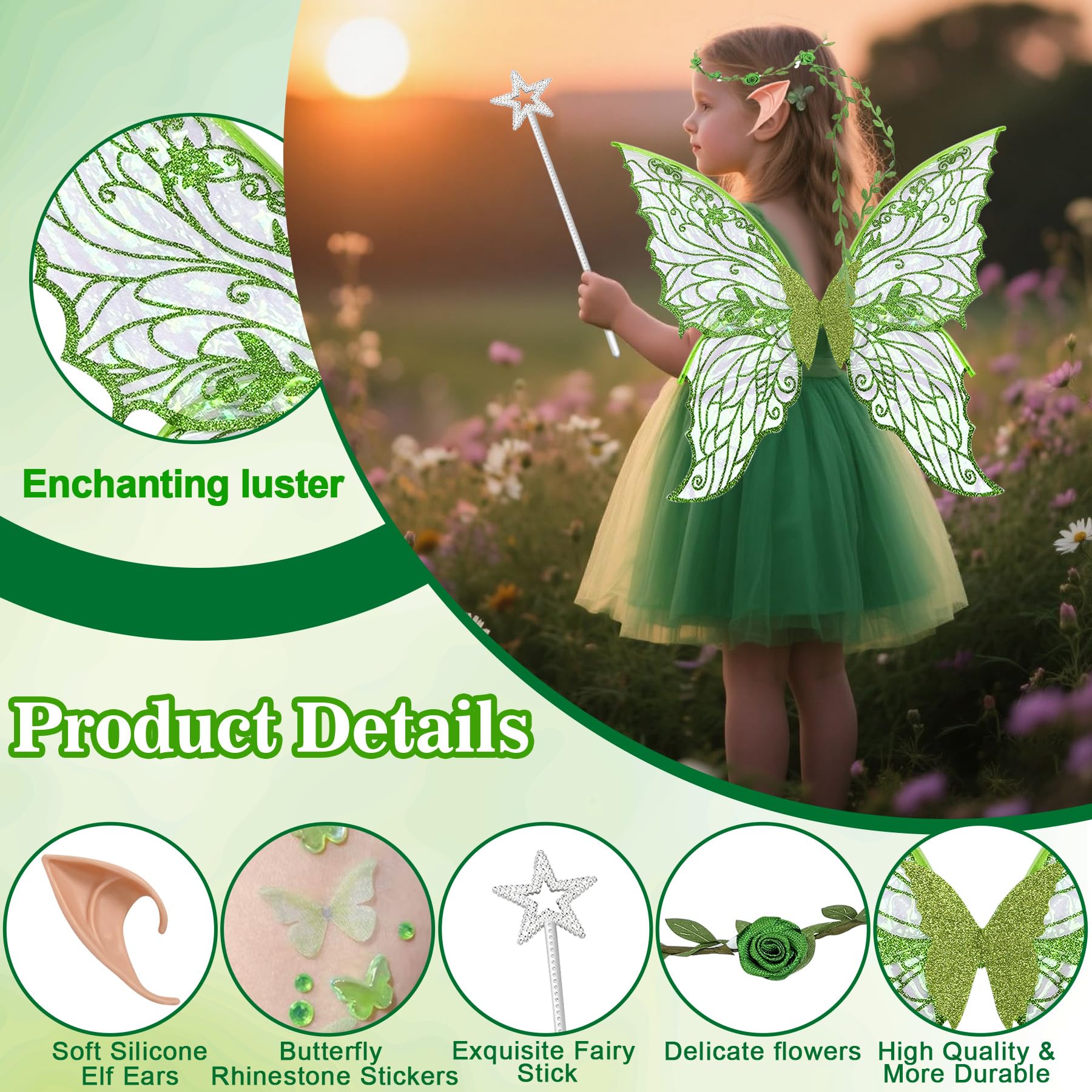 YeahBoom Children's fairy wings, butterfly wings with elf ears, fairy headband and star fairy wands, butterfly wings - Image 3