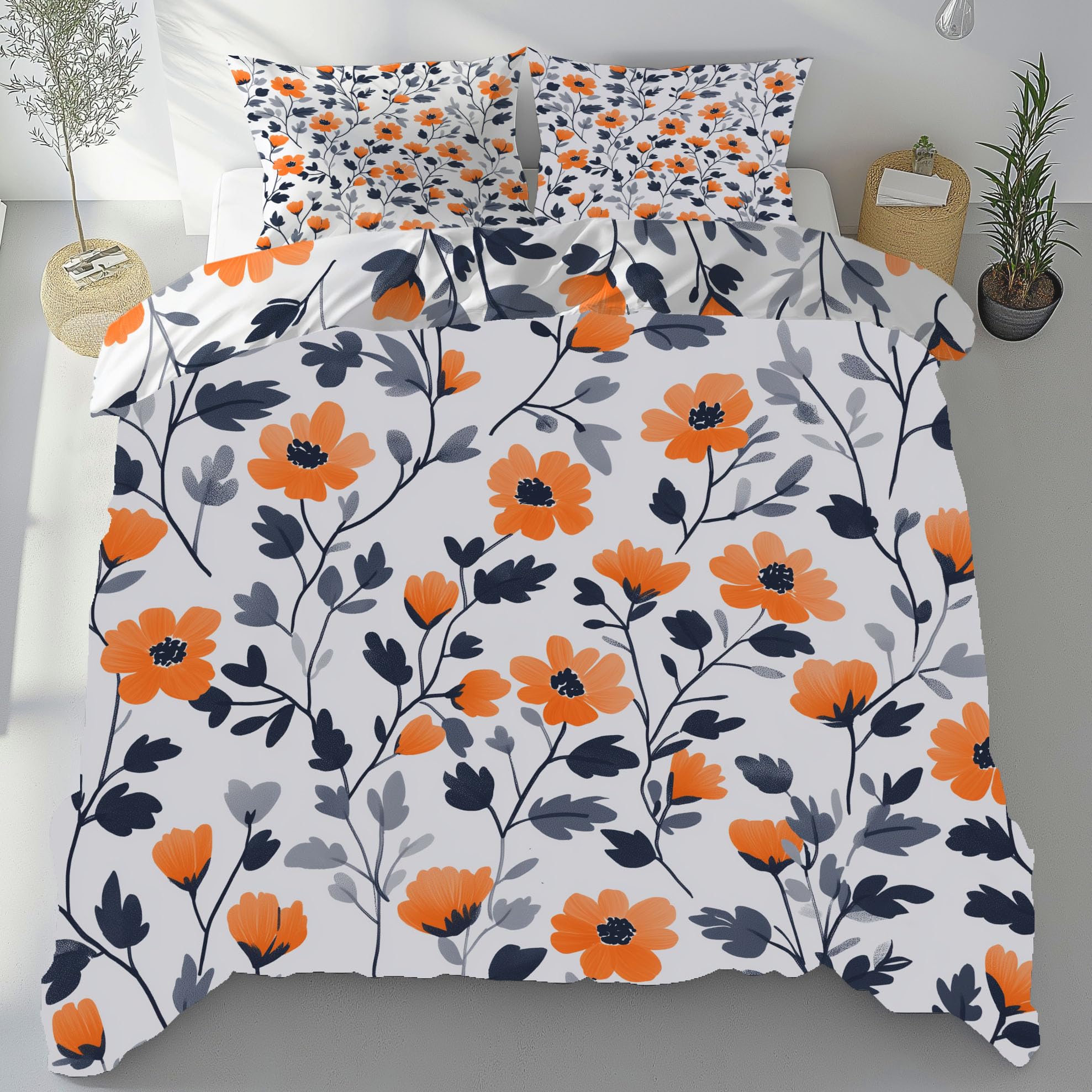 Parure de lit fleurs orange 200x220 cm en microfibre avec 2 taies d'oreiller