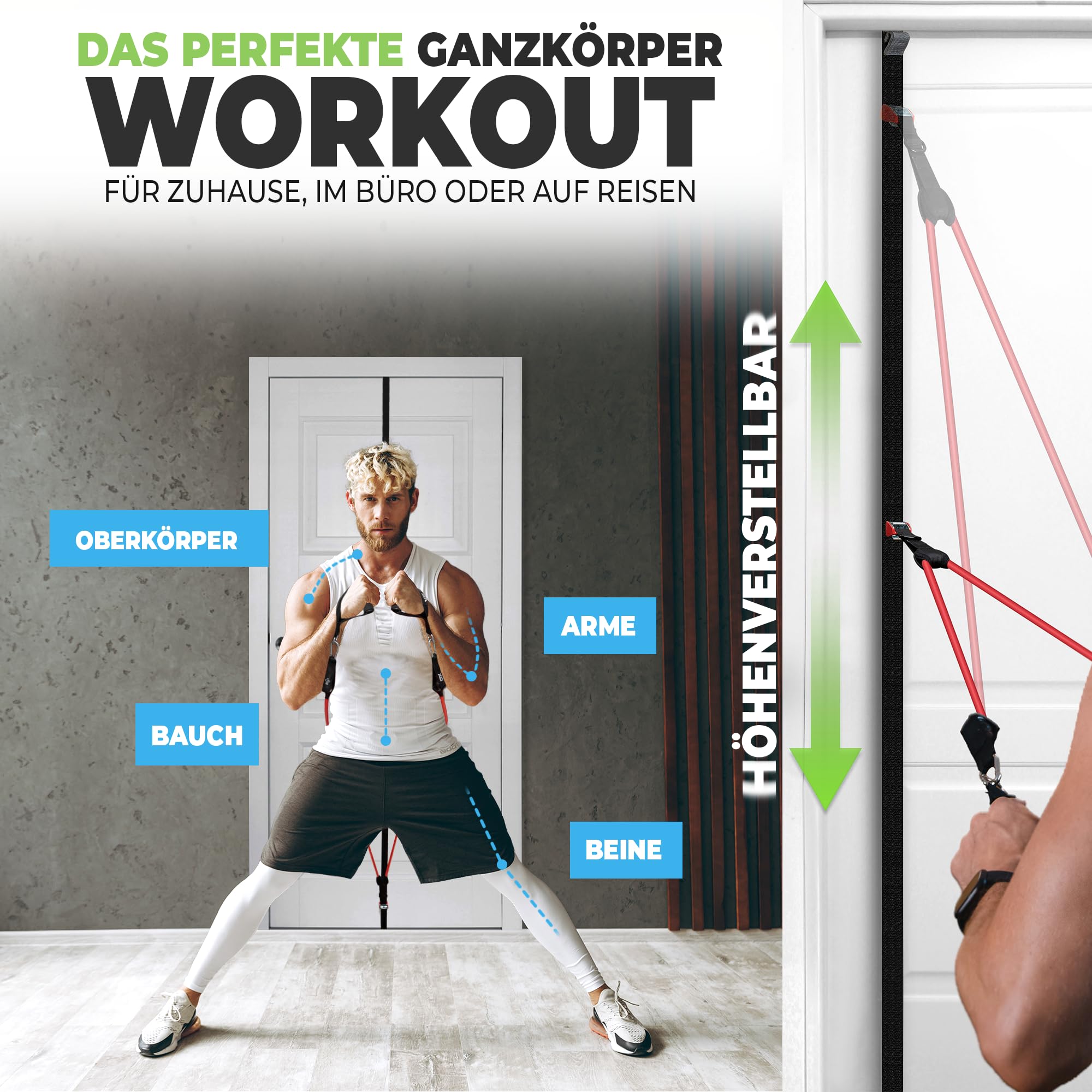 Set di cinghie per porta regolabili in altezza con cinghie per il fitness e WORKOUTVIDEOS I Set di fasce di resistenza per porta, attrezzi per il fitness per casa, allenamento di forza,