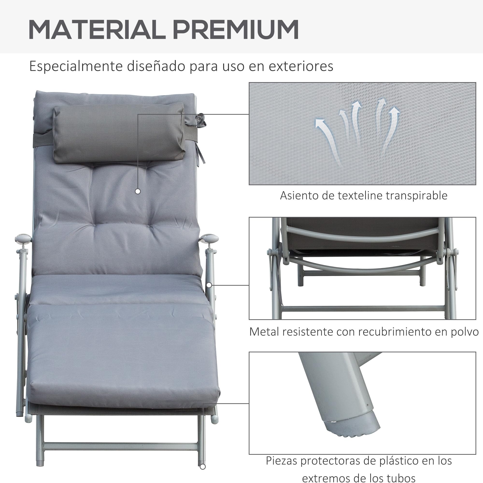 Outsunny Tumbona Plegable Tumbona de Jardín con Respaldo Ajustable en 7 Posiciones con Cojín Cuerpo Entero y Cabeza para Terraza Piscina Carga 165 kg 137x63,5x100,5 cm Gris