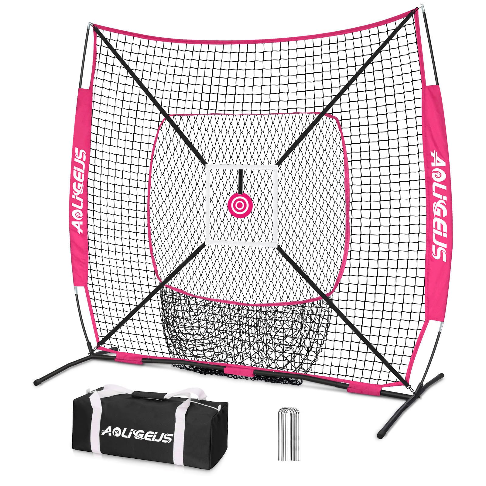 AOLIGEIJS 6'X6' Baseball Softball Practice Net,Pitching Net,Batting Net,with Bonus Strike Zone,Target and Bow Frame,for Hitting,Pitching,Catching
