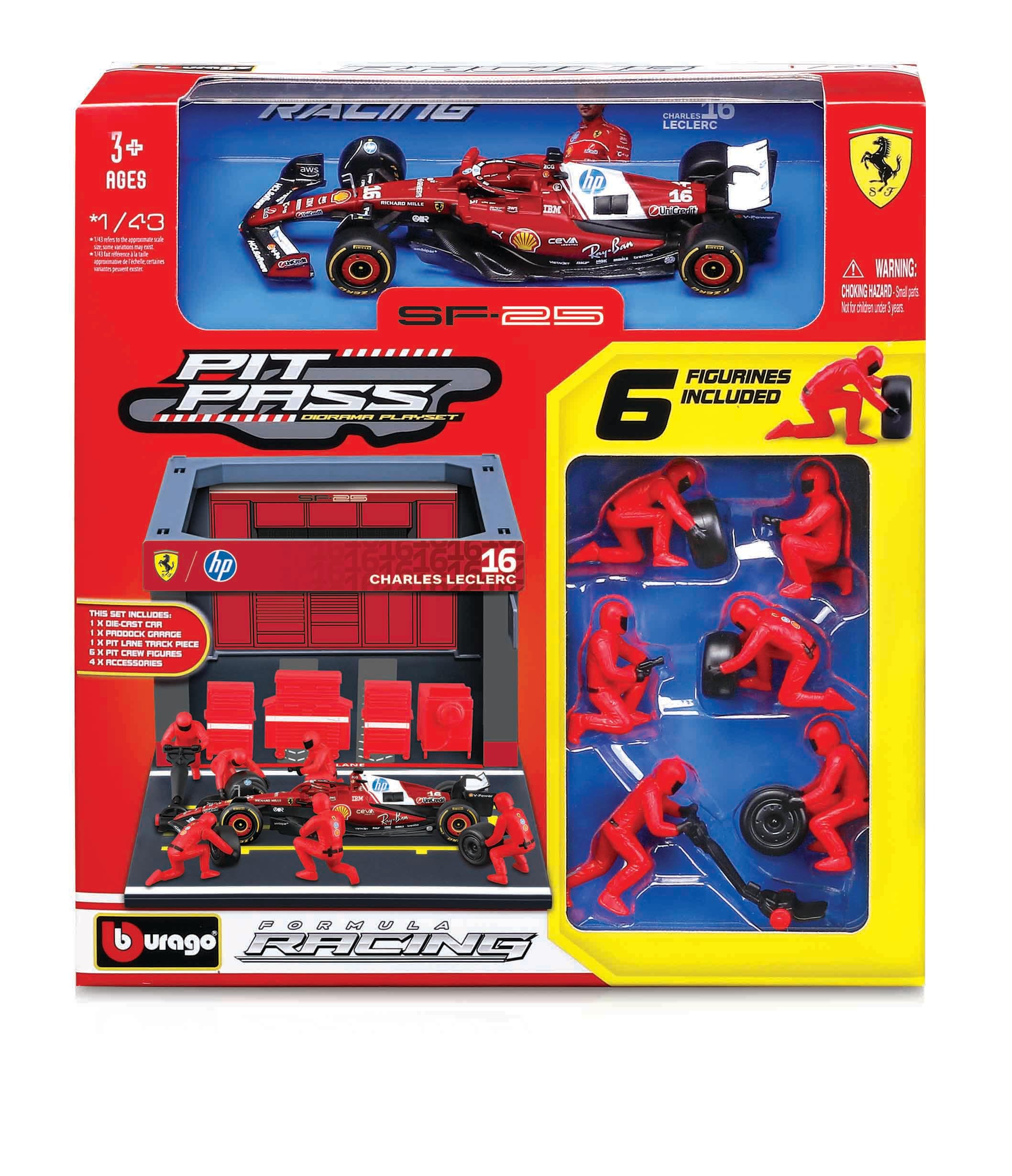 Bburago Ferrari SF-25 2025 Pit Pass Diorama, Ages 3 and up, Red and Black, 1:43 Scale, F1 Sport Theme, Die-cast Metal and Plastic, Die-cast Model and Pit Stop, 33x11x16 cm