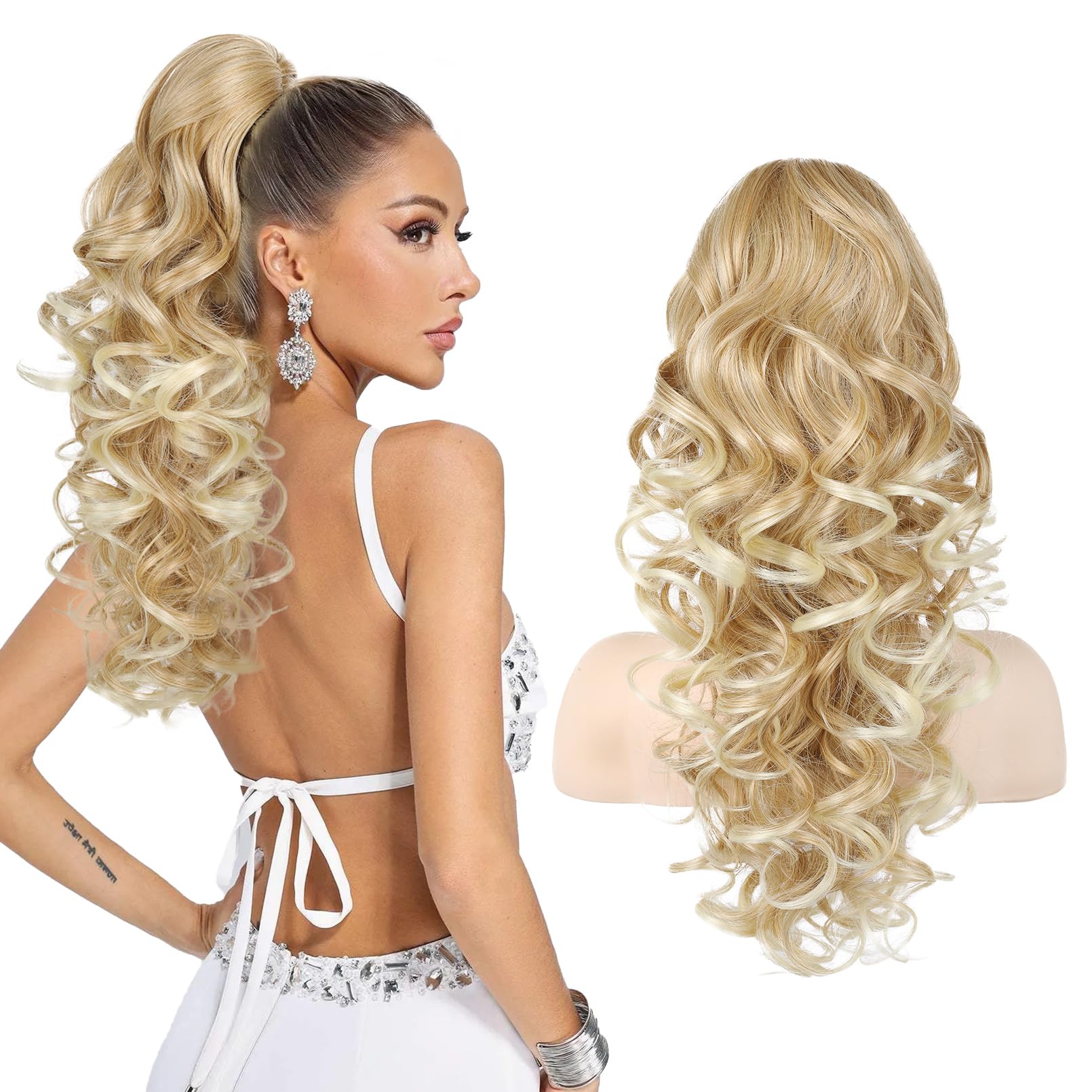 Flufymooz Ponytail Extension, 18 inch Wavy Curly Claw Clip Ponytail Extension Clip on Ponytails Natural Synthetic Hairpiece for Women Daily Wear (