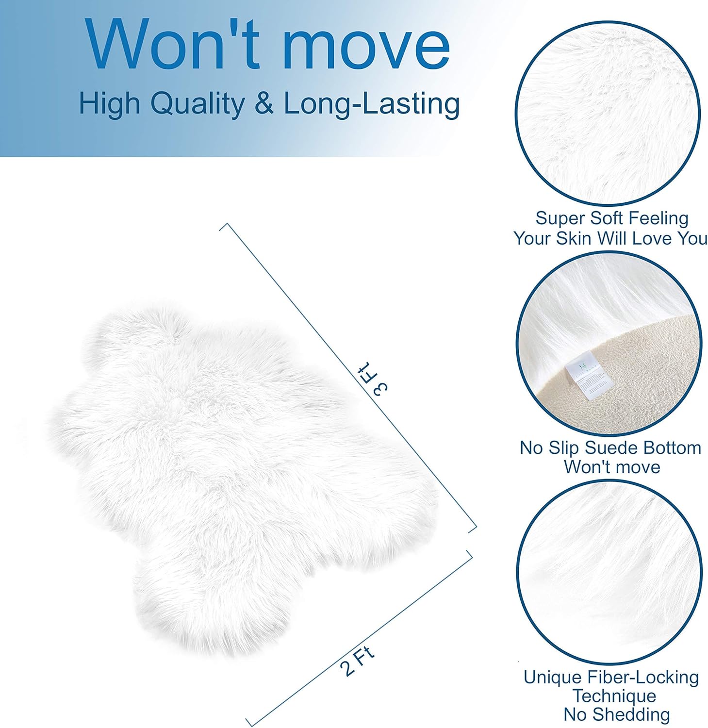 H LITH HOME Faux Sheepskin Fur Area Rug - 2x3ft - Pretty Soft Fluffy Shaggy White Sheep Skin Throw Cover to Use on Chair Sofa Couch or Bedside Nursery Closet and Bathroom Floor