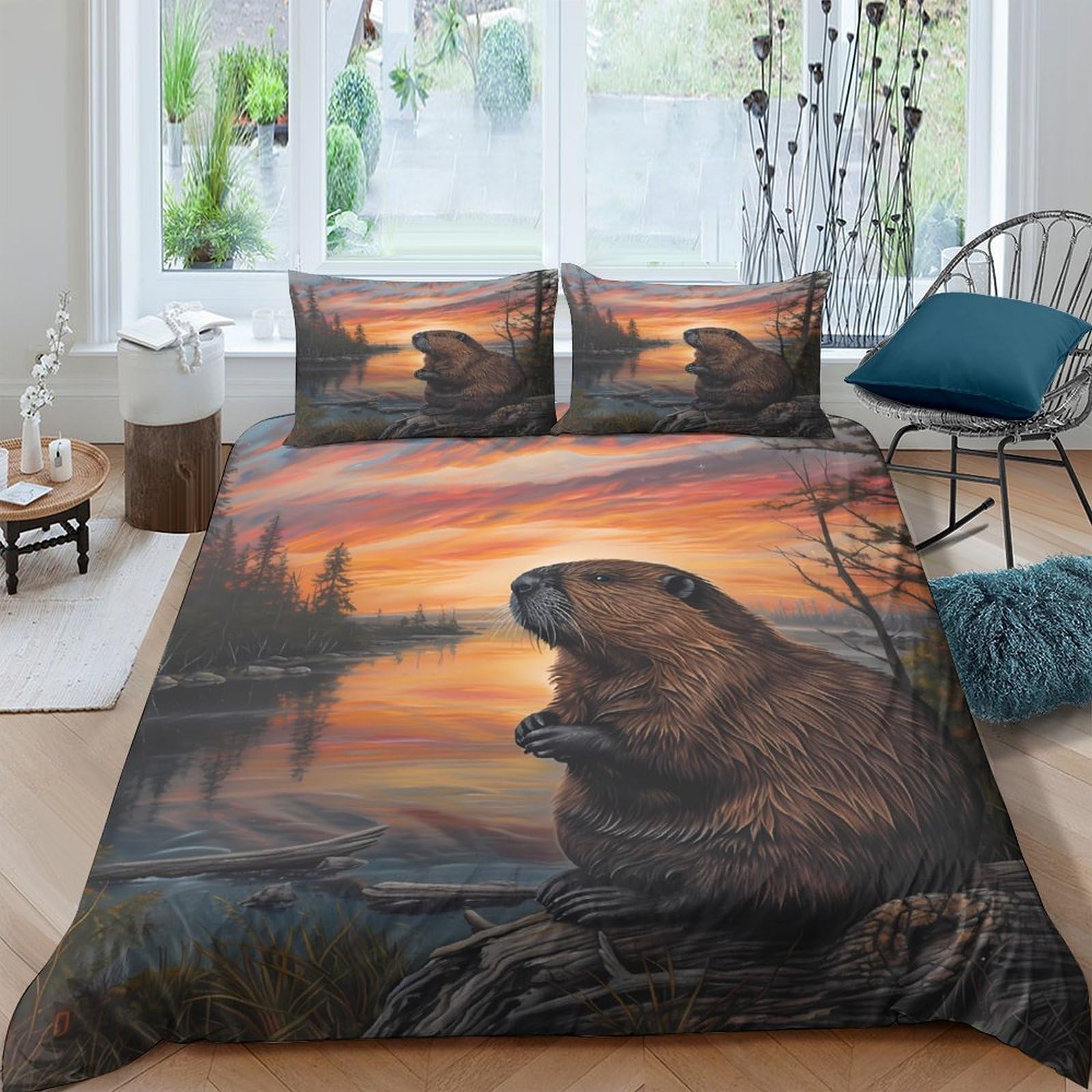 Ctjqhvkz Style-2 3D Printed Beaver Sunset Fitted Sheet Microfiber Soft Breathable Lake Landscape Mattress Cover For Bedroom Guest Room Decor Single（135X200cm）