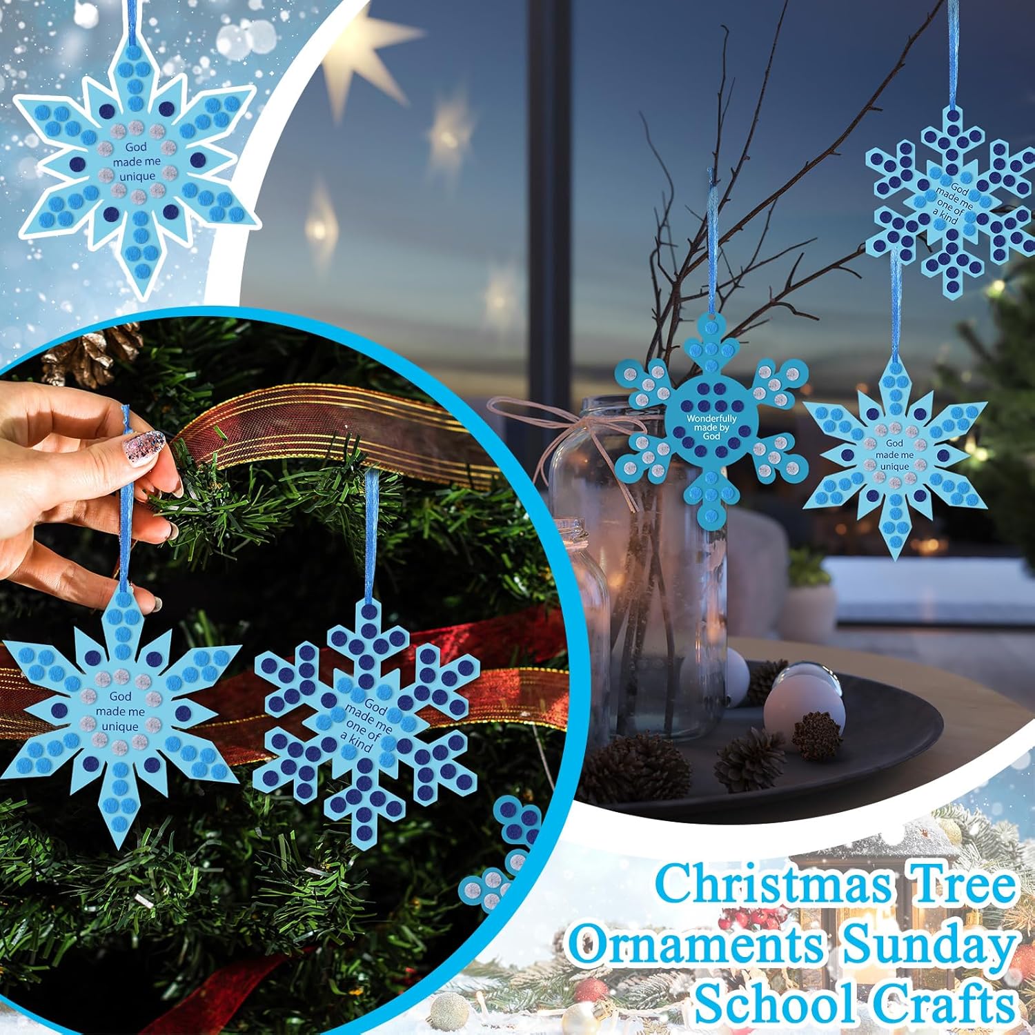 Karenhi 24 Packs Winter Religious Snowflake Craft Christian Church Activities Crafts God Made Me Jesus Felt Christmas Tree Hanging Ornaments Sunday School for Church Party