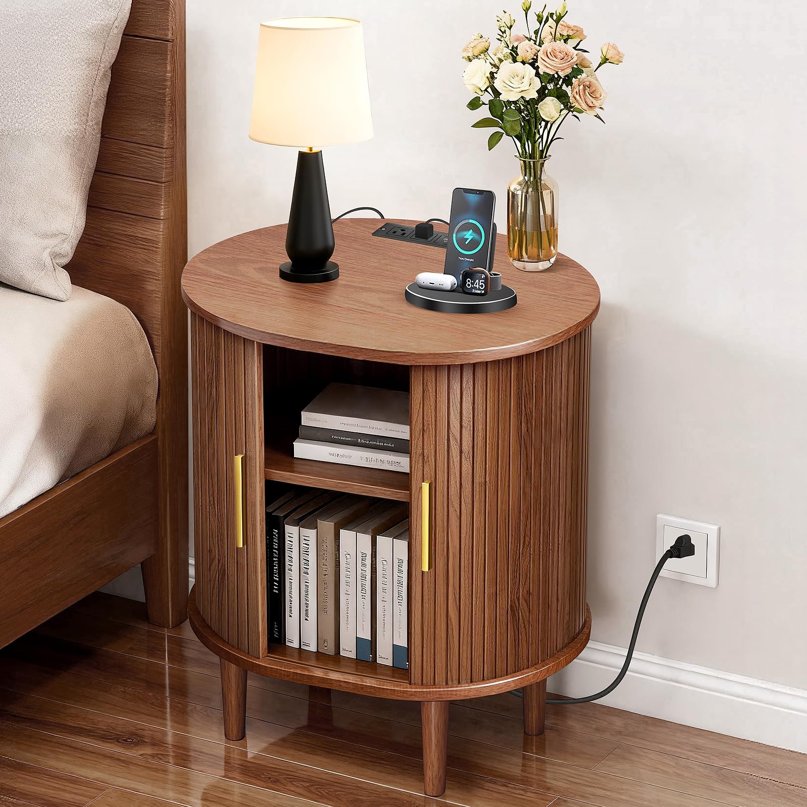 DHH Mid Century Modern Nightstand with Charging Station, Fluted Accent Side Table with Sliding Door & Adjustable Shelf, End Table for Small Space, Living Room, Bedroom,Sofa Couch (1, Walnut)