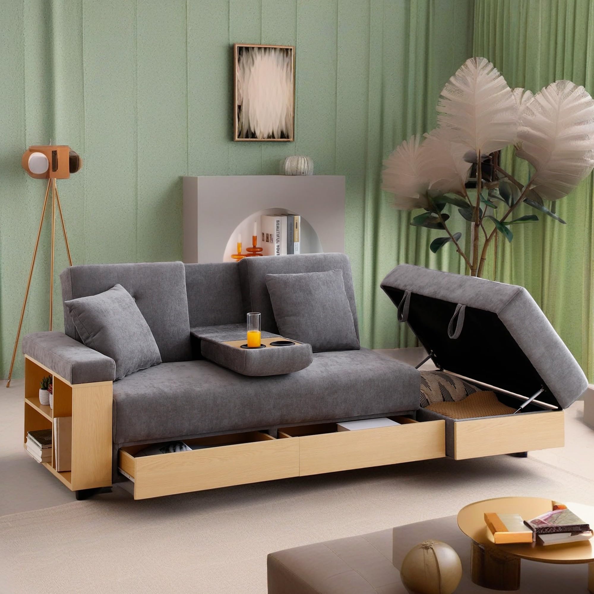 SonkYog Sofa 84.65" Convertible Sofa Bed with Storage Ottoman, Adjustable Armrest & Coffee Table - Perfect for Small Apartments, 2 Drawers, Soft