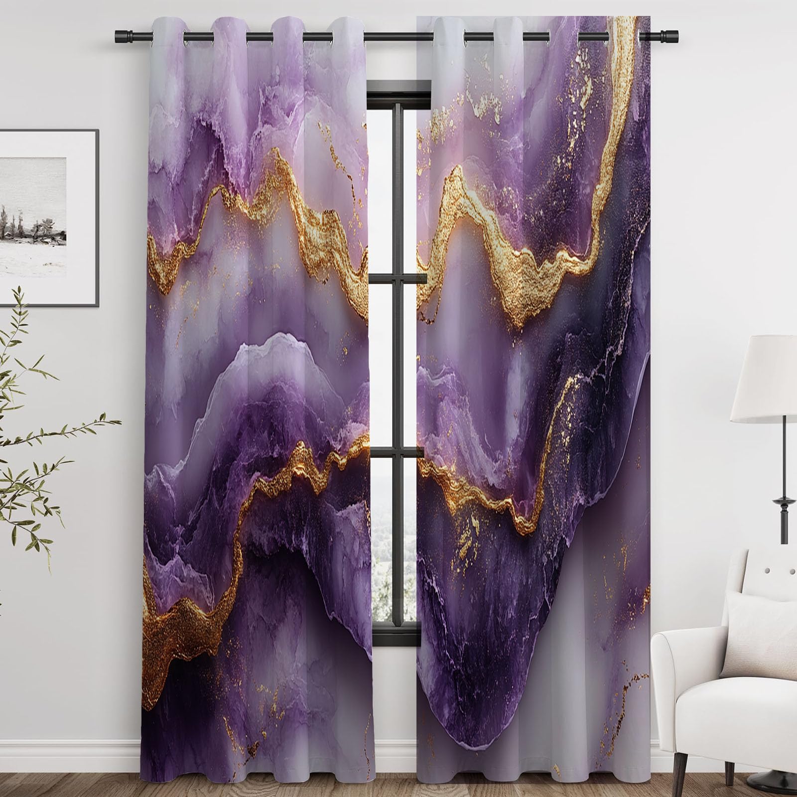 Aquarell Gardinen Blickdicht,Bunt Vorhänge, Abstrakter Purpurmarmor mit Goldadern Modern Abstrakte Tierdruck Vorhang, Verdunklungsvorhänge für Schlafzimmer Wohnzimmer,-H180 x B100 cm (2er Pack)