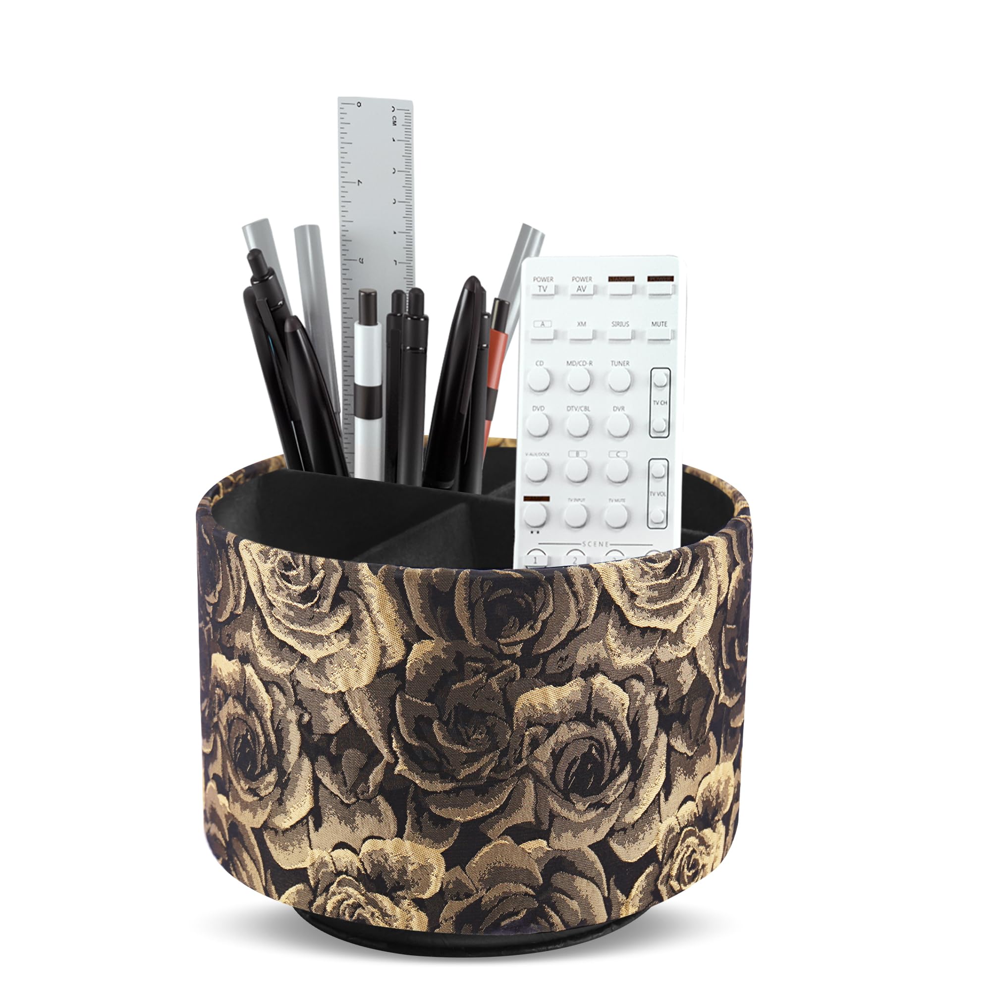 Organizador redondo de cuero para suministros de arte, soporte para control remoto, rotación de 360 grados, soporte multifuncional para lápices, organizador de escritorio de 4 compartimentos