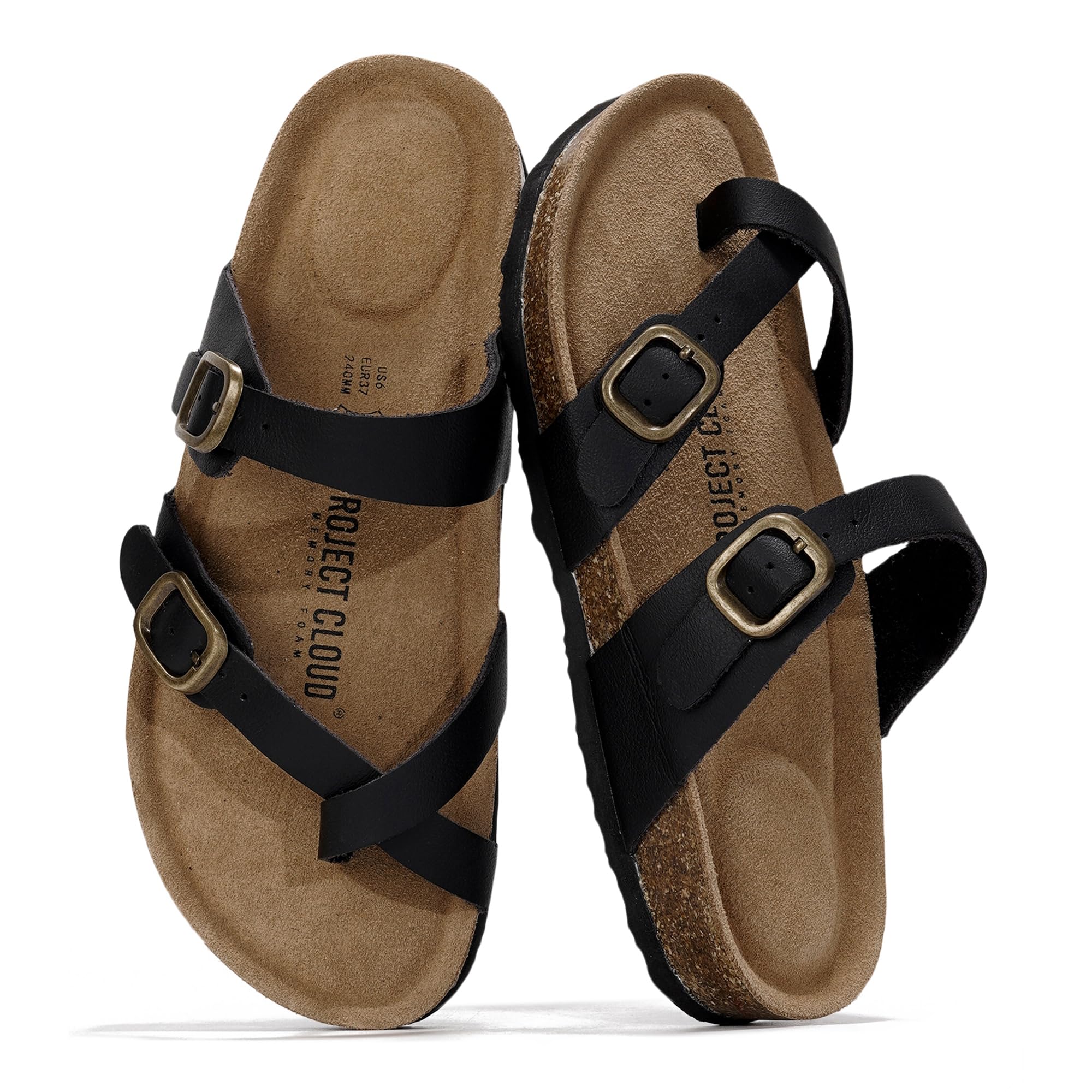 Project Cloud 100% Genuine Leather Womens Sandals -Lightweight Womens Slides Memory Foam Insole & Cork Footbed Sandals Women - Non-Slip Beach