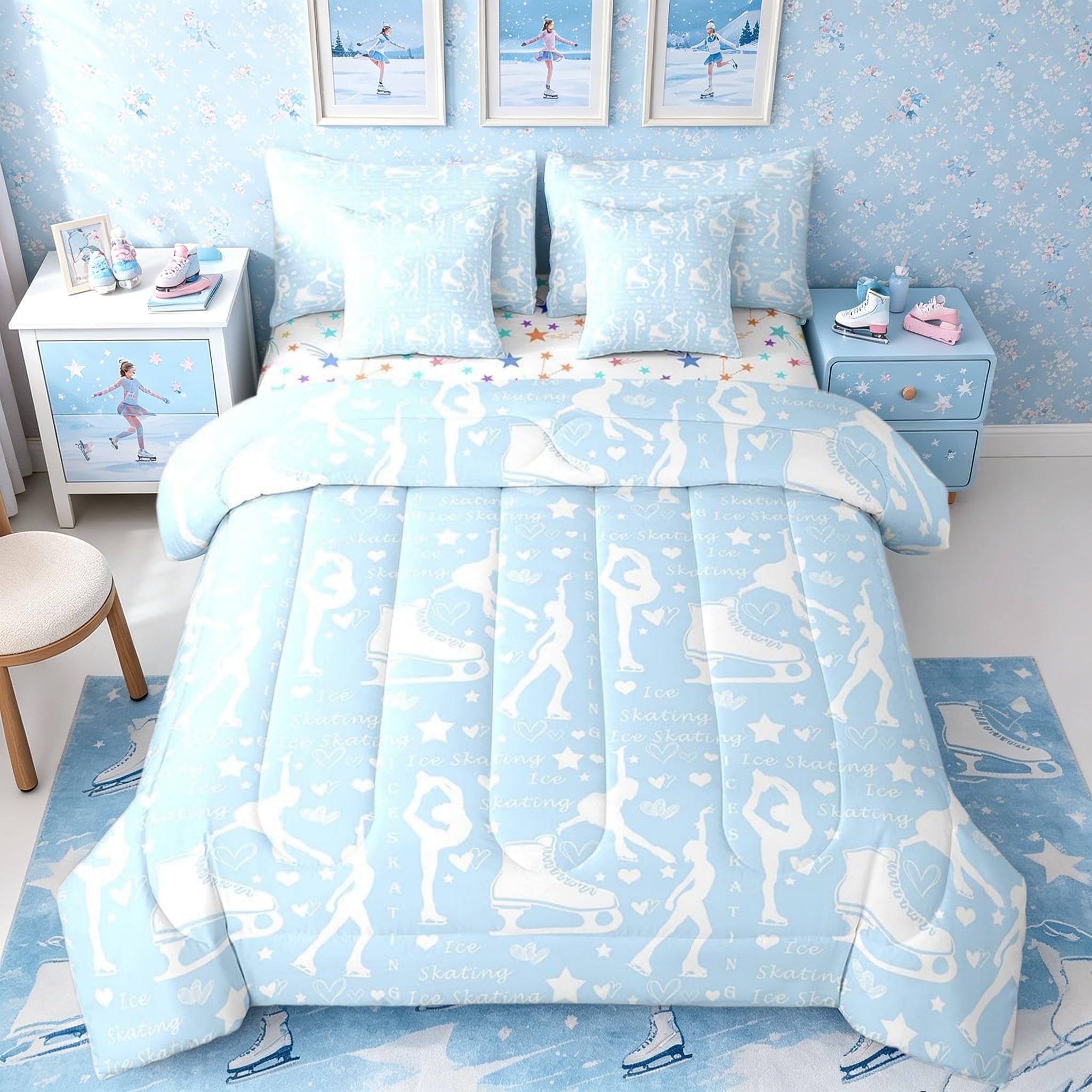 Drap fille patineuse et housse de coussin étoiles pour literie romantique 7 pièces