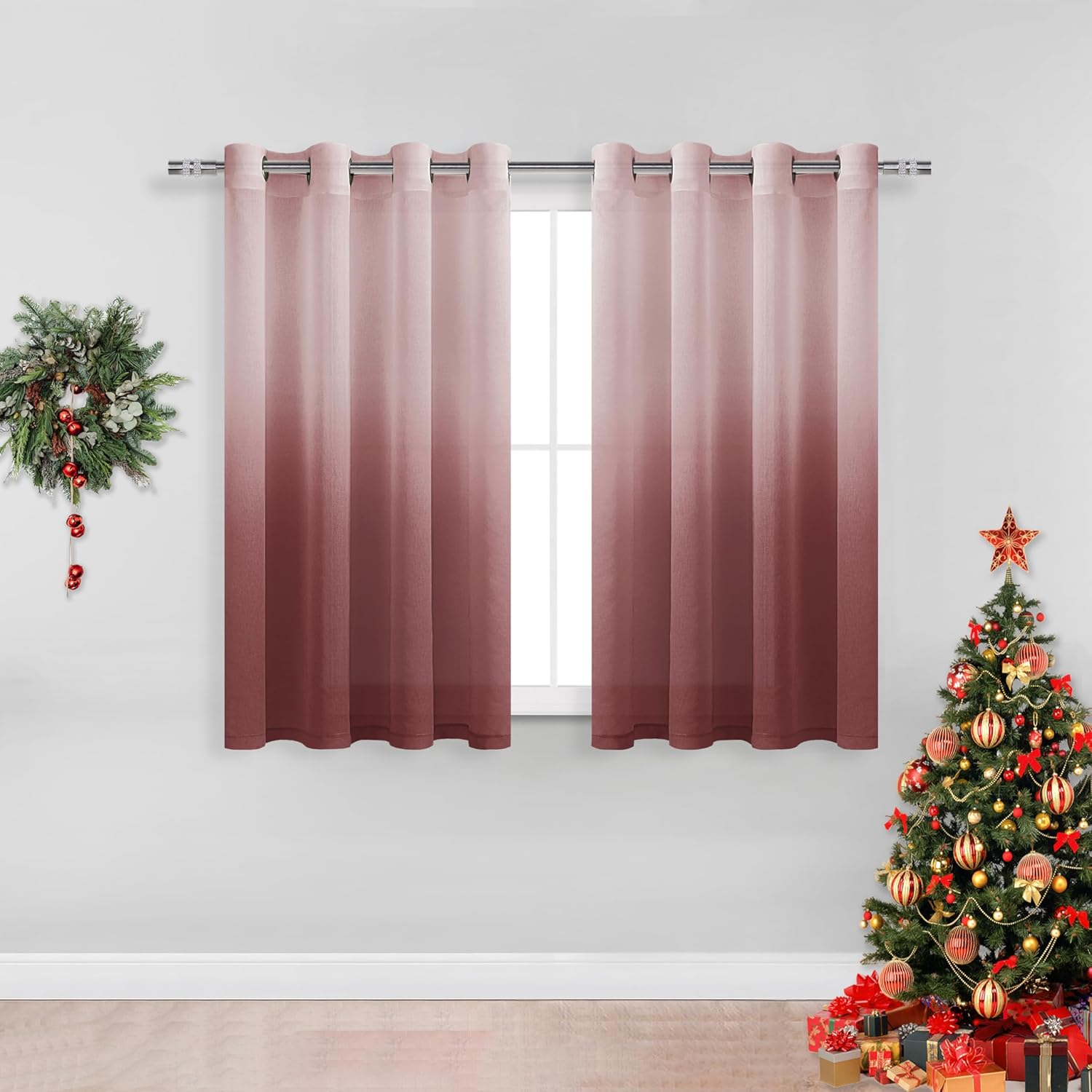 DWCN Ombre Sheer Curtains - Faux Linen Gradient Semi Voile Grommet Top Drapes Bedroom and Living Room Curtains, Set of 2 Window Curtain Panels, 52 x 54 Inch Length, Burgundy 52W x 54L Burgundy