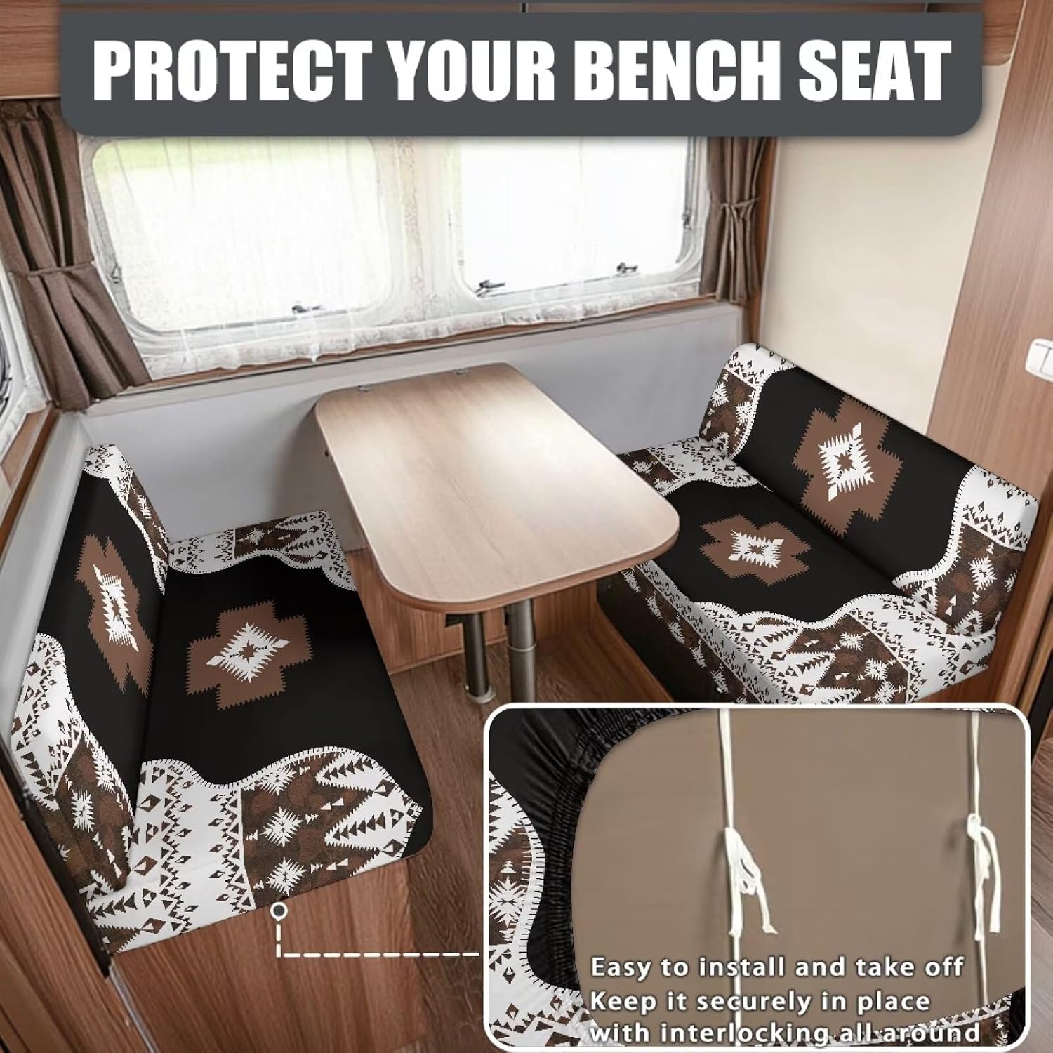 GULANGYU Brown Navajo Print RV Cushion Covers RV Dinette Booth Seat Cover Stretchable Camper Couch Covers Washable Slipcovers for Camper Car Bench (2 Backrest Cover & 2 Bench Cover)