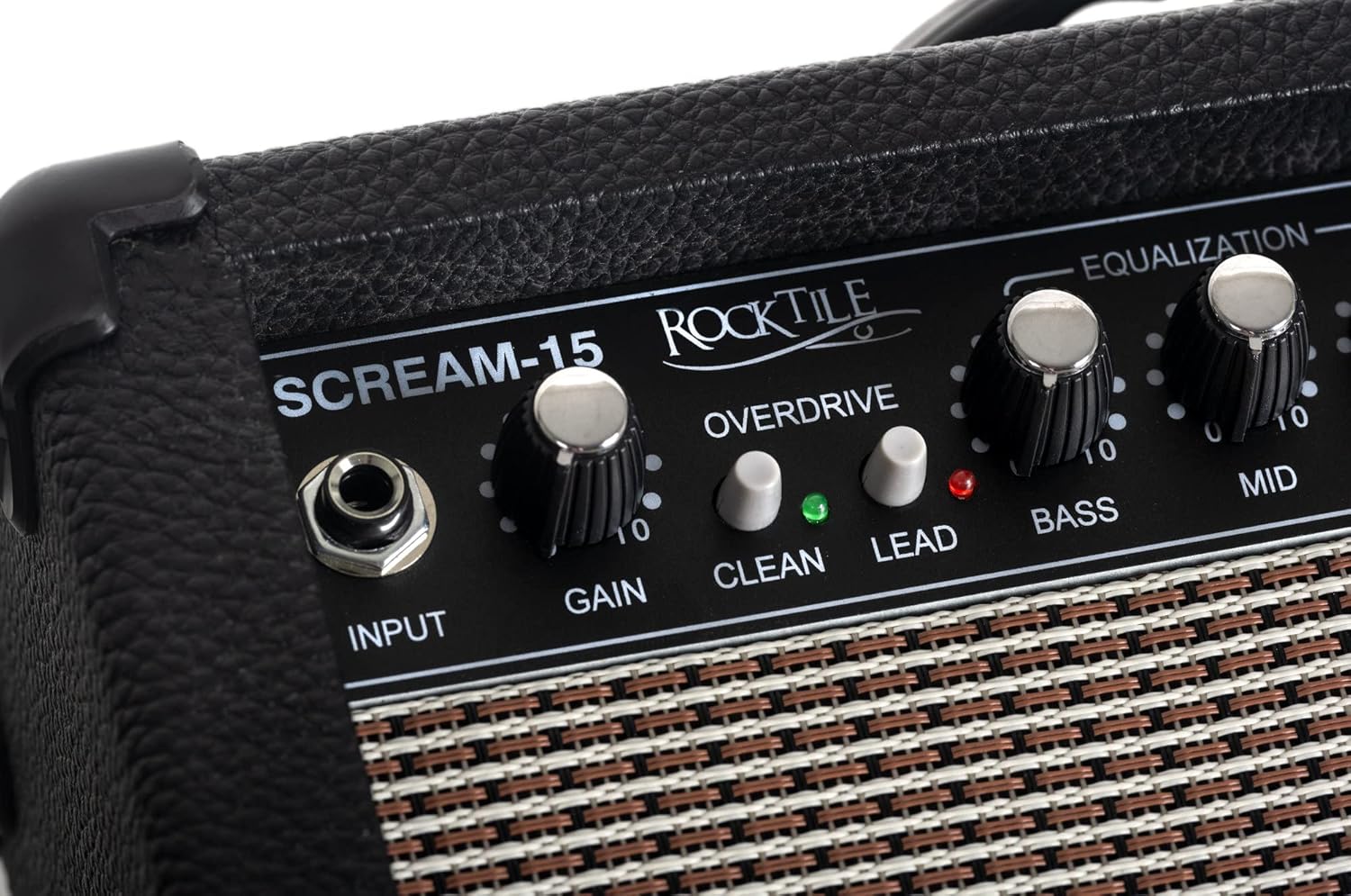 Close-up of Rocktile Scream-15 gain and channel controls
