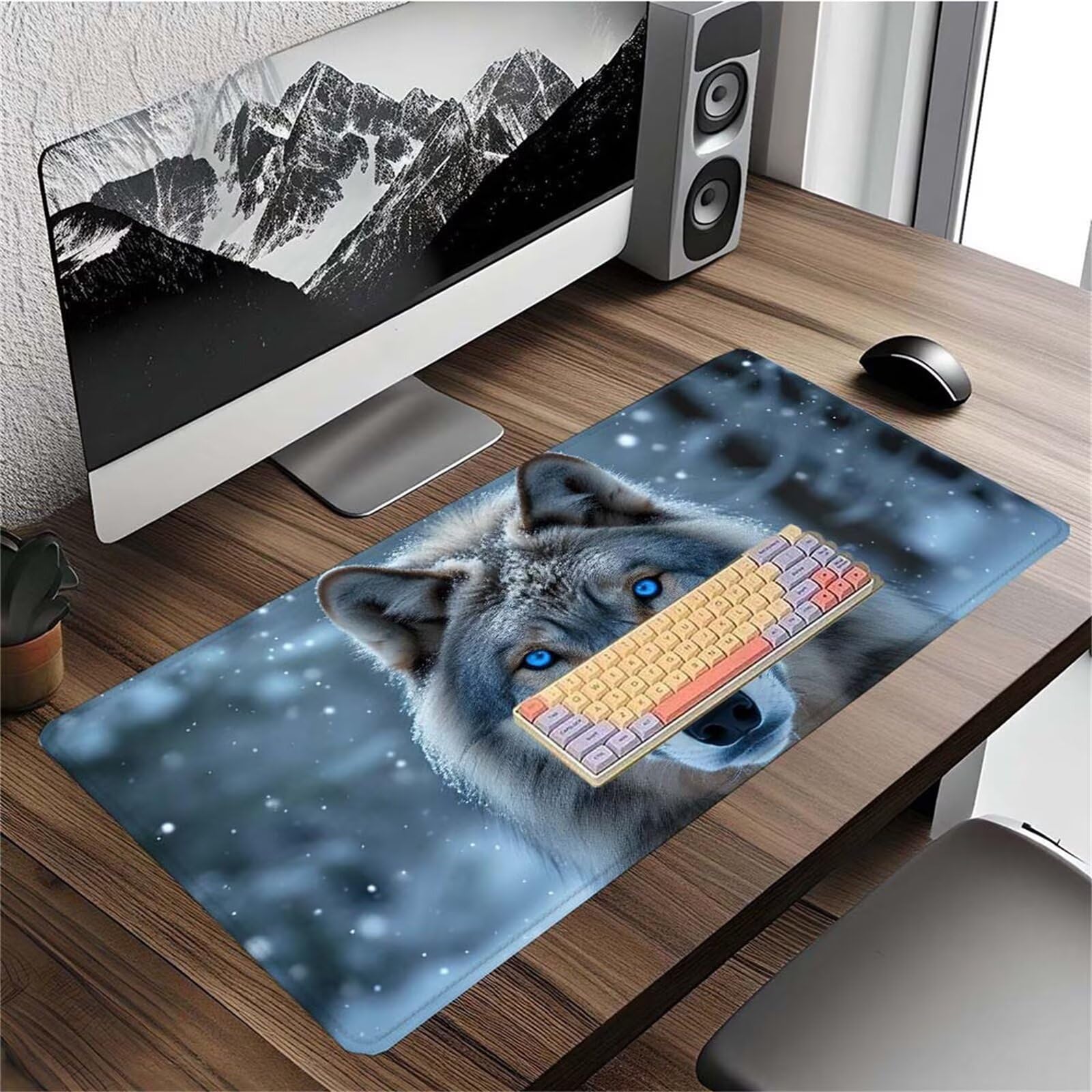 Alfombrilla Ratón Bosque Lobo Alfombrilla Ratón XXL 1400x600x3mm Mouse Pad Resiste Salpicaduras, Extendida de Gran Tamaño con Bordes Cosidos, Mejora Precisión y Velocidad,Antideslizante,Duradera y-407