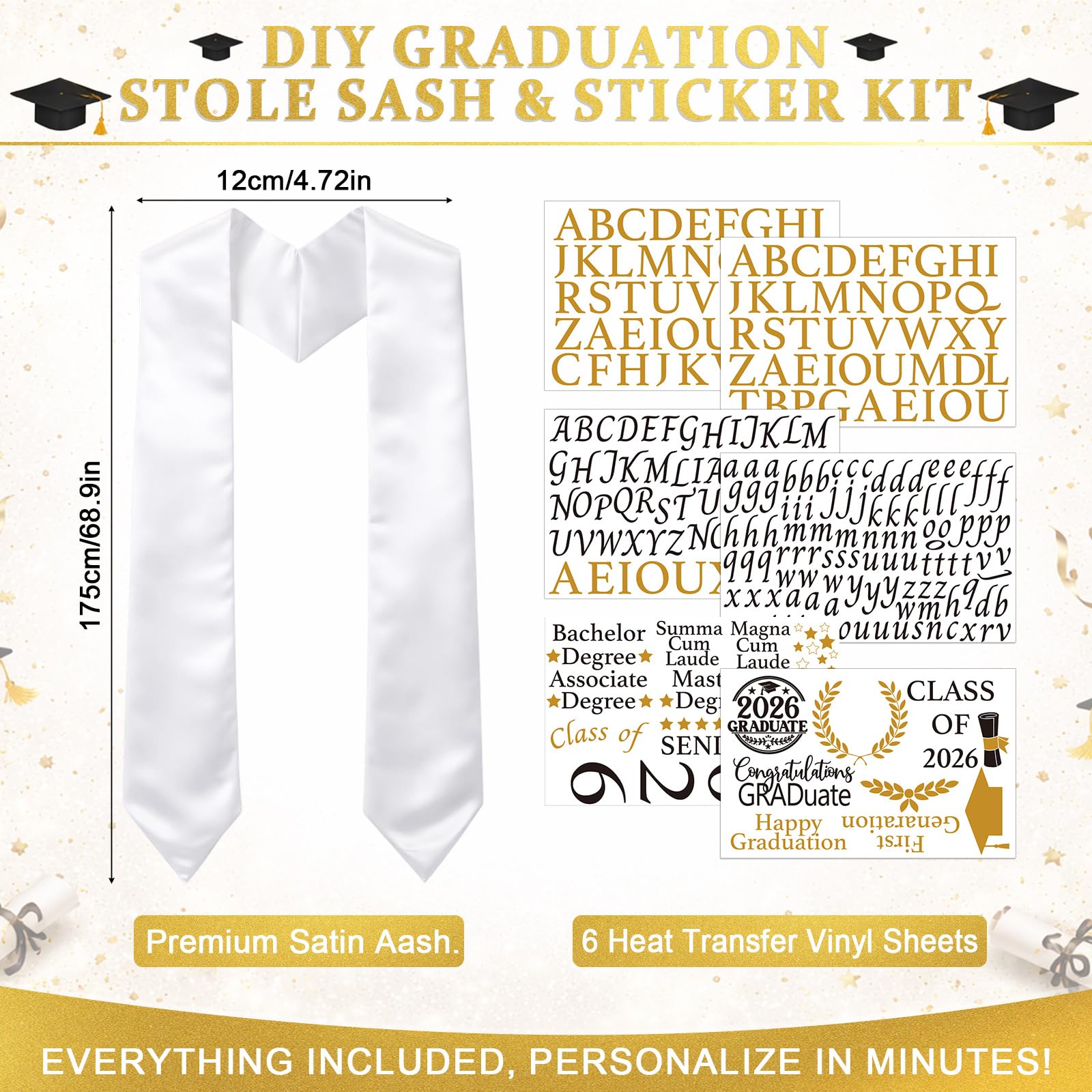Condition photo showing New/Like New for custom graduation stole class of 2026 - diy personalized graduation sash kit with 6 sheets black gold htv iron on decals 2026 senior high school college graduates