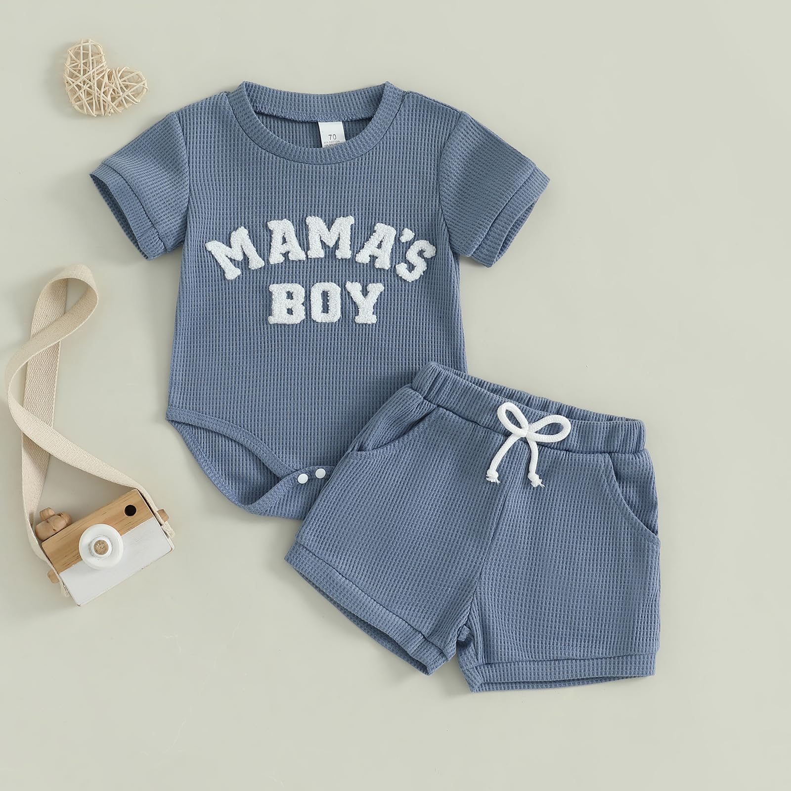 ZAXARRA Newborn Baby Boy Summer Outfits Mama's Boy Little Dude Letter Embroidery Romper Solid Shorts Infant Waffle Clothes (Blue1, 0-3 Months)