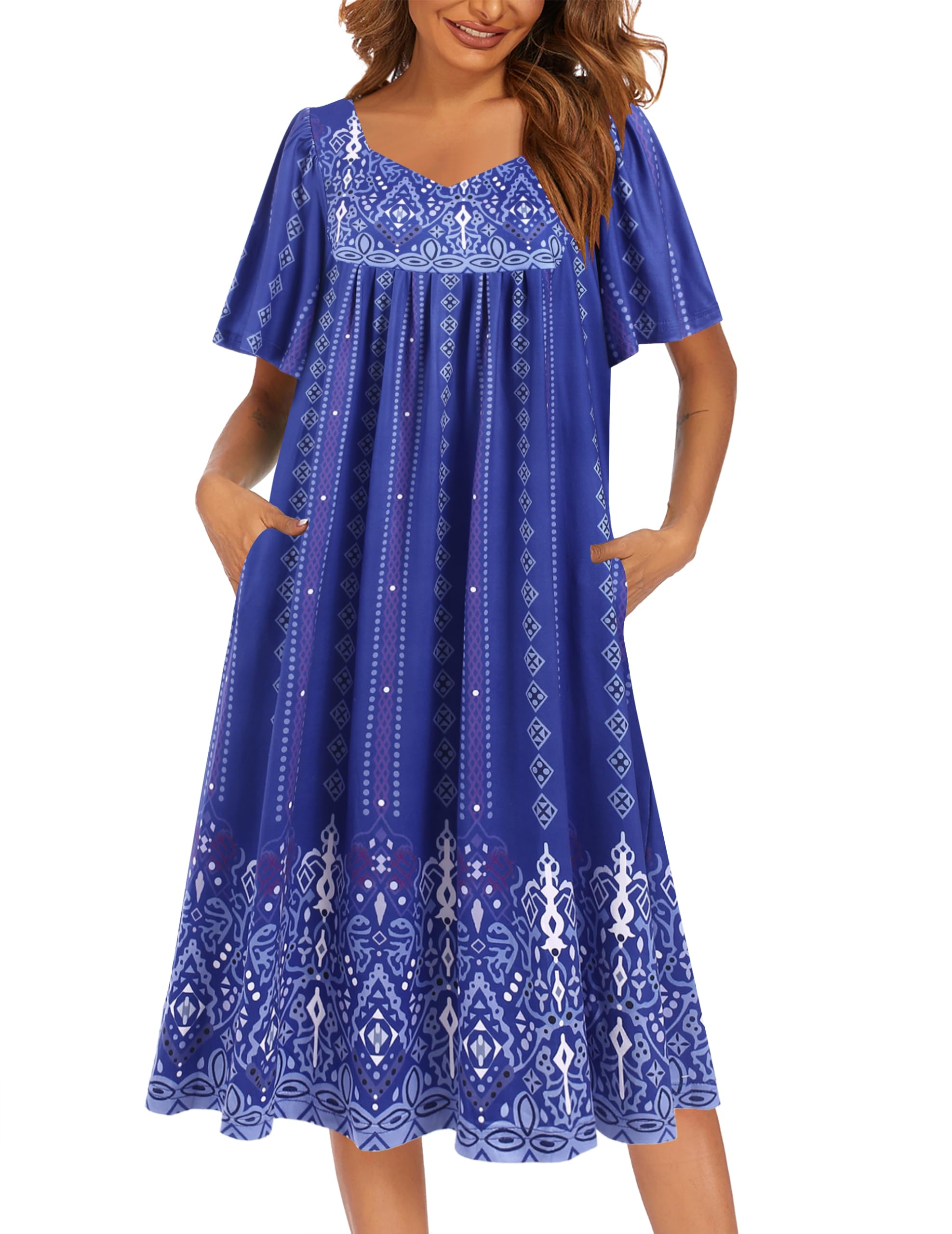 Ekouaer Women's House Dress - Pleated Nightgown with Short Sleeves & Pockets