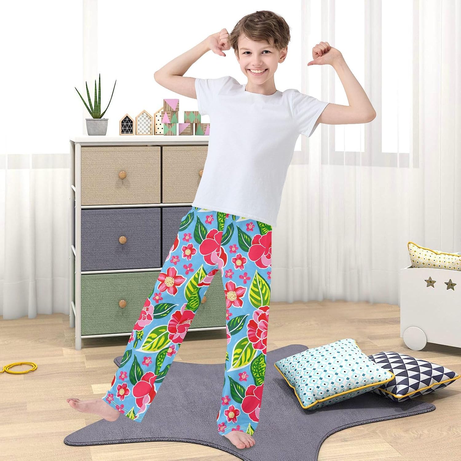 J JOYSAY Camellia Flower Leaves Pajamas Pants Soft Long Pajama Bottoms Lounge Sleep Pants Size S-XL