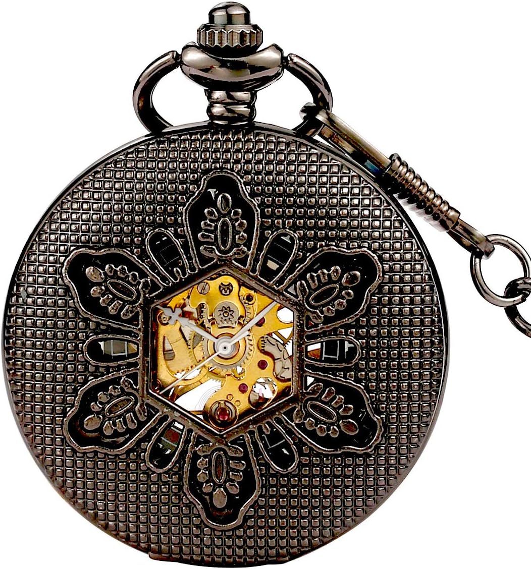 Steampunk Vintage Luminous Bronze Roman Letters Skeleton Mechanical Pocket Watch with Chain (Snow)