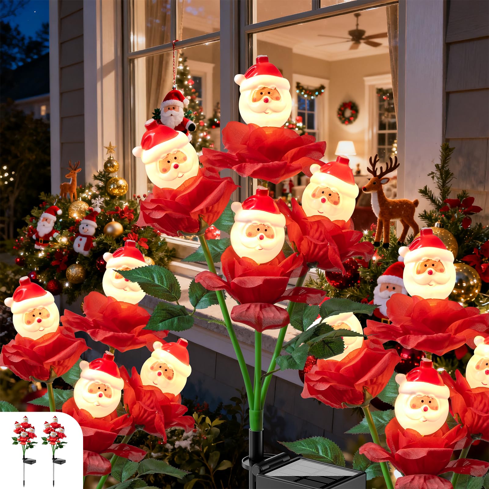 Lot de 2 lampes solaires de jardin en forme de rose de Noël avec Père Noël, 70 cm, pour décoration de Noël, marche/arrêt automatique, étanchéité IP65, convient pour cour, étang, allée
