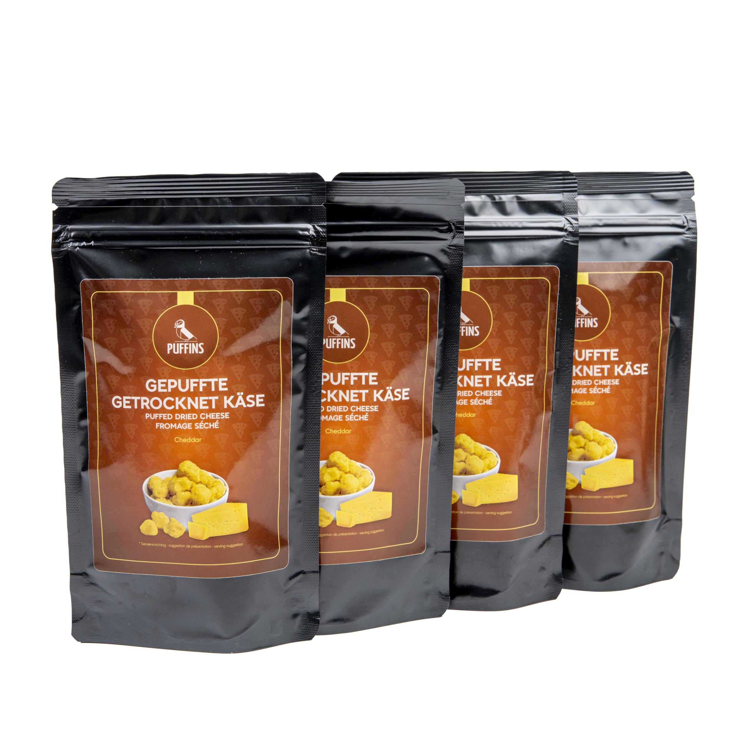 PUFFINS - Crispy Cheese Keto Snack - Cheddar Cheese - 100% sera - bez cukru, GMO, węglowodanów - przekąska białkowa - zdrowe przekąski dla dzieci i dorosłych, bezglutenowe, wysokobiałkowe - 4x50g