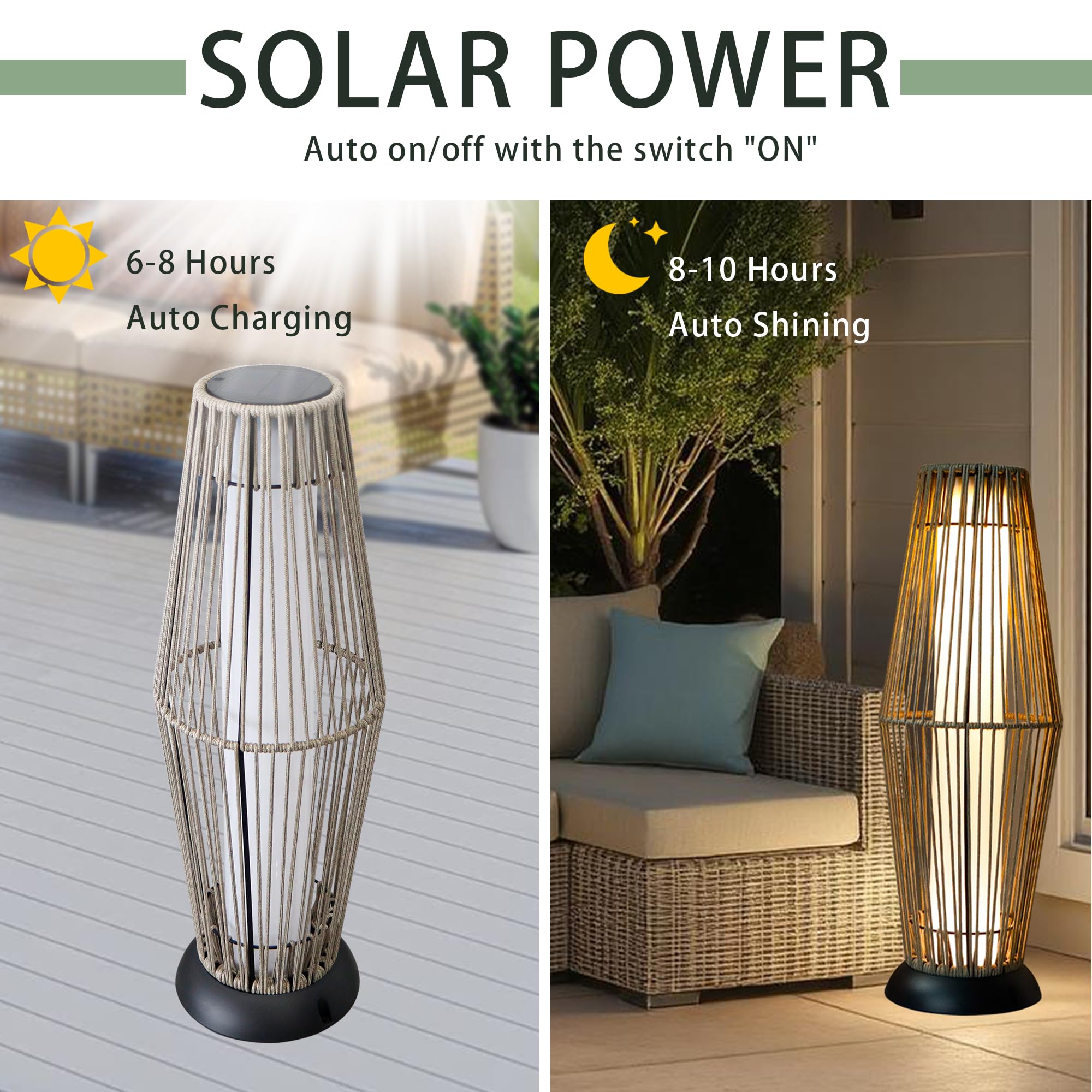 TRIROCKS Lampada da terra solare per esterni, 2 pezzi, lanterna a energia solare, in vimini, con corda Olifen, impermeabile, in rattan, luce a LED per veranda, cortile, sentiero, terrazza, giardino