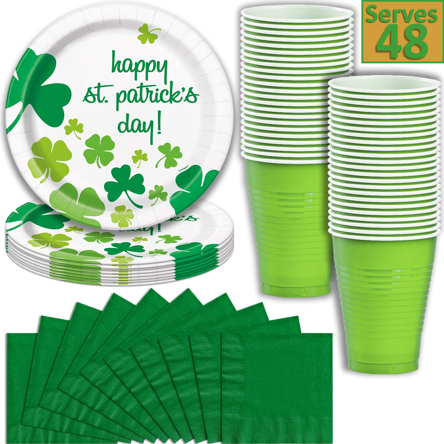 St Patrick's Day Party Supplies, Serves 48 - Plates, Cups (18 oz), & Napkins - Disposable Paper and Plastic Dinnerware w/ Dark and Light Green, Shamrocks, for Saint Patrick and Irish Parties