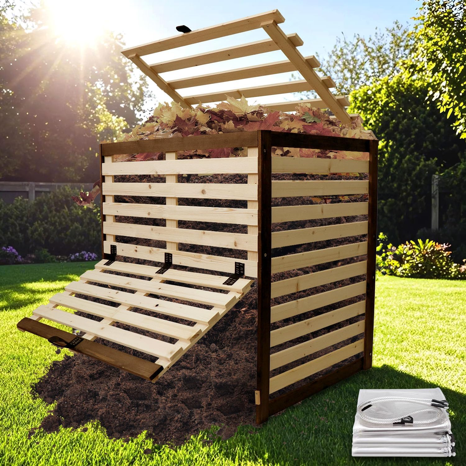 Wood Composter Bin, 130 Gallon Compost Bin Outdoor with Front and Top Door, Outdoor Composting Box for Backyard, Garden, Patio