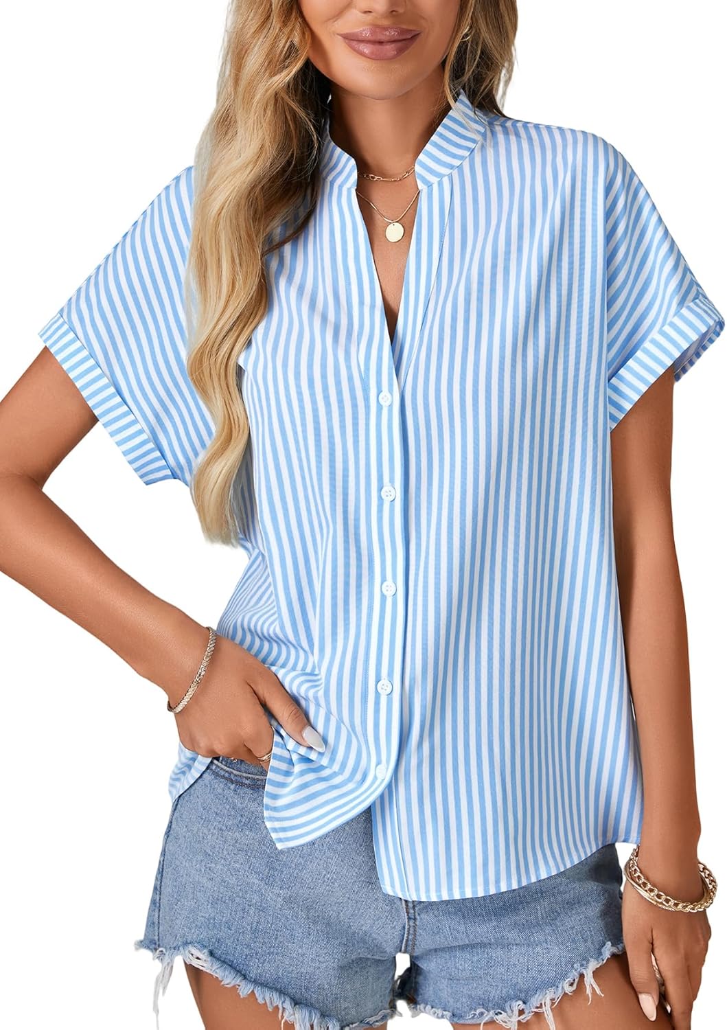 Vrtige Women's Dressy Striped Top V Neck Button Down Short Sleeve Summer Blouse Shirt - Image 2