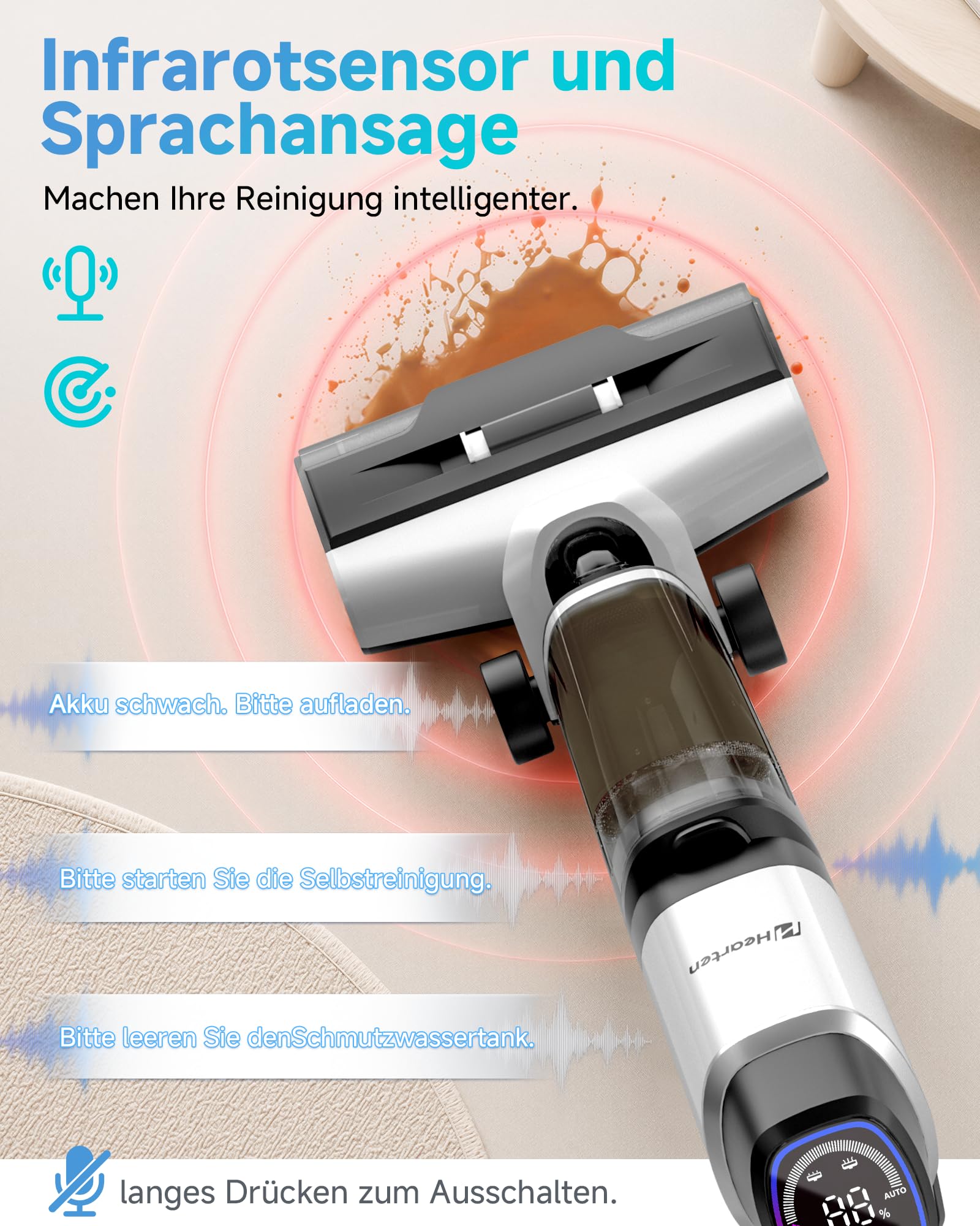 Hearten Nass Trockensauger, 25 kPa, mit Wasserelektrolyseur zur Desinfektion, Selbstreinigung, Sprachansage, Randreinigung, LED-Display, Bürstenloser Motor, Geräuscharm, Haushalte