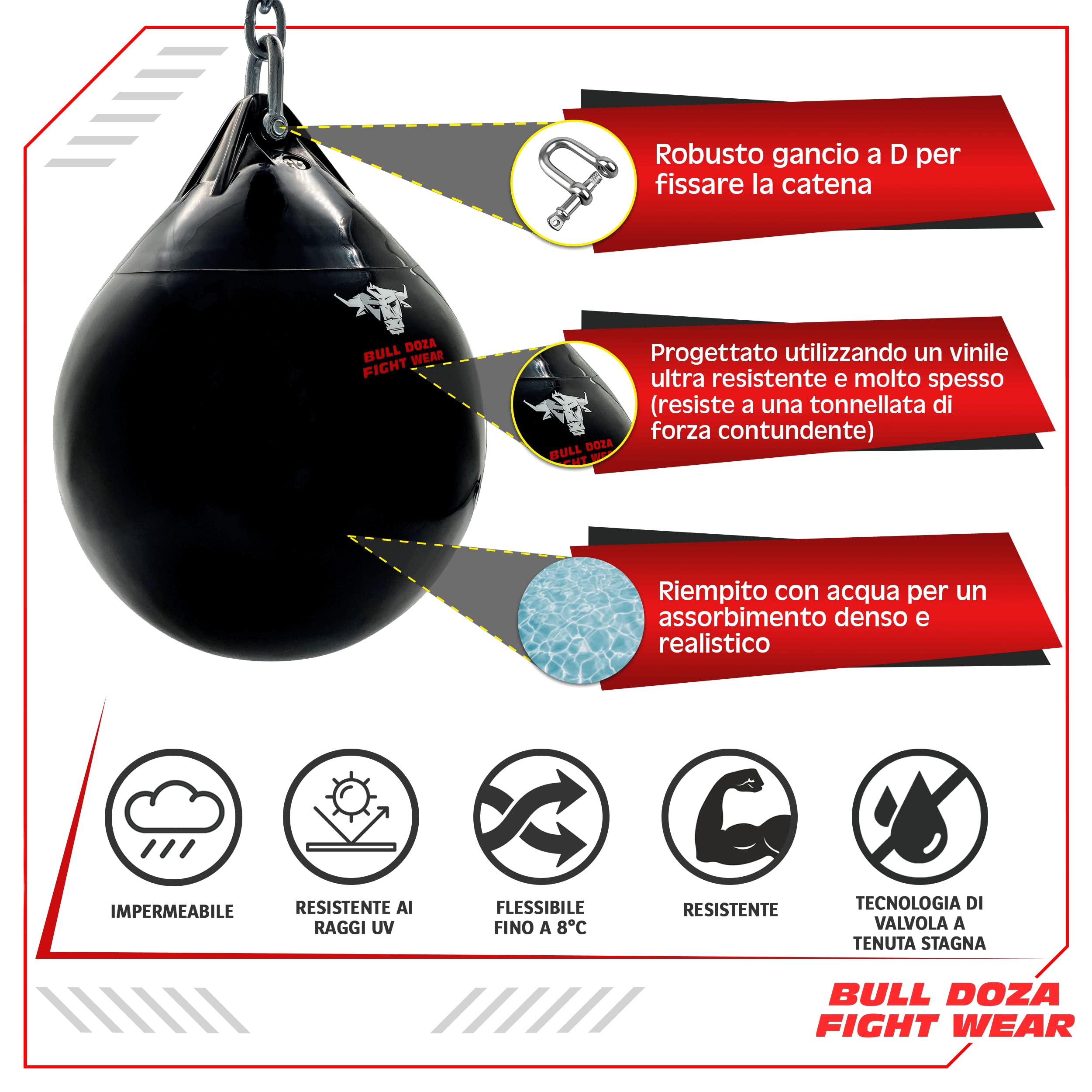 Bull Doza Fight Wear Sacco da boxe ad acqua - Resistente - Impermeabile - Tre dimensioni