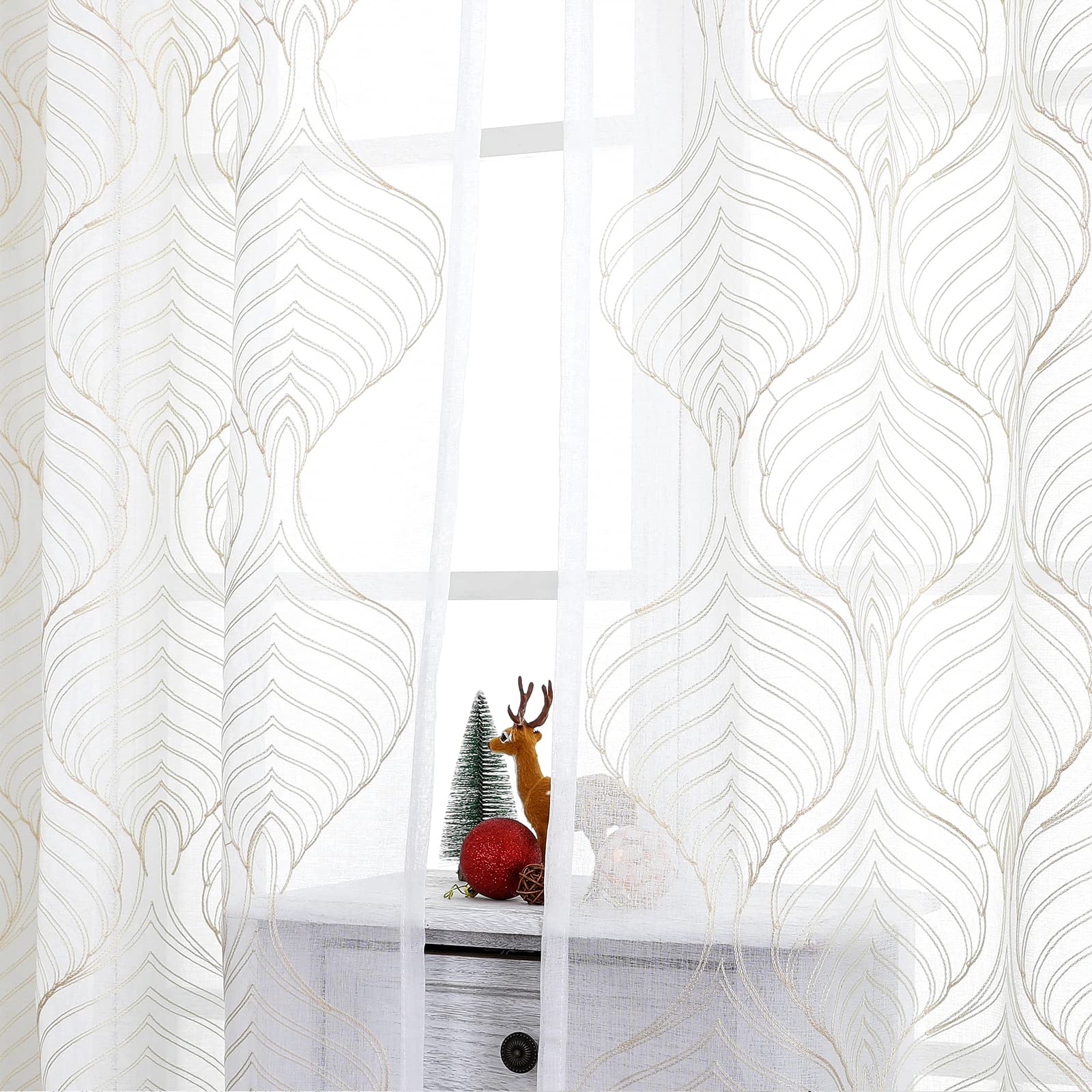 VISIONTEX Sheer Curtains 84 Inches Long 2 Panels Set Beige Moroccan Embroidery Texture Geometric Rod Pocket Ivory White Voile Tulle Semi Window