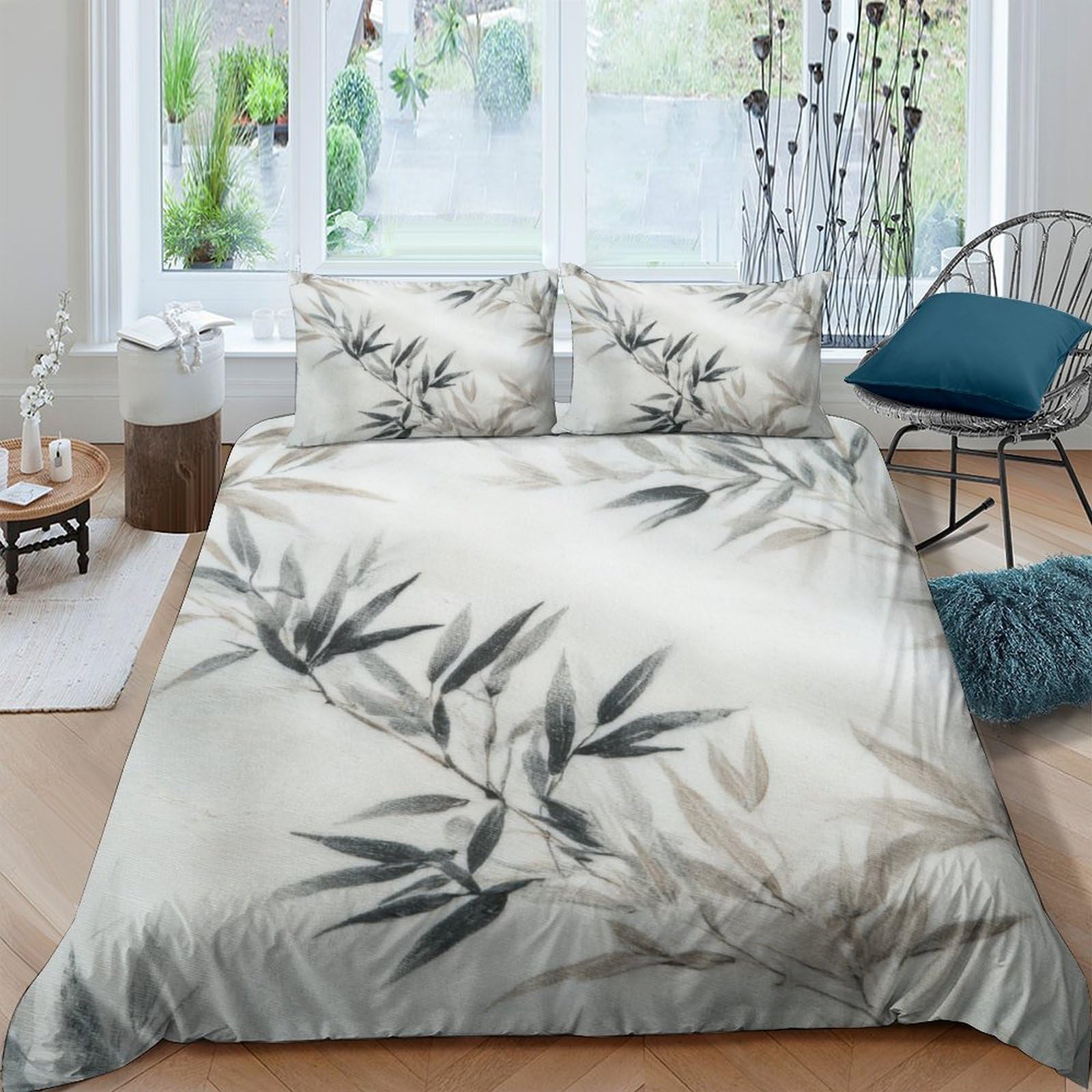 Ctjqhvkz Style-10 3D Printed Bamboo Ink Fitted Sheet Microfiber Soft Grey Watercolor Bed Cover Anti-Slip Mattress Protector For Bedroom Guestroom Single（135X200cm）