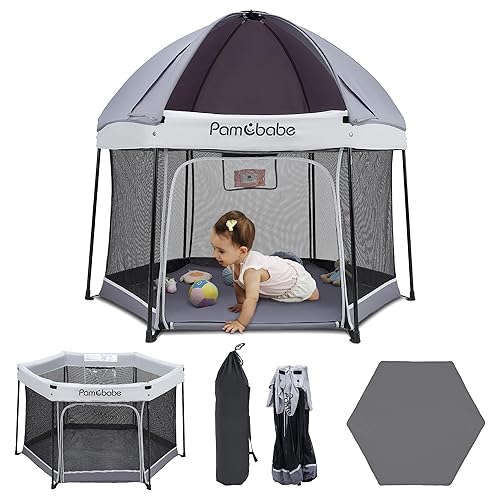Miniatura 9 de Pamo Babe Corralito portátil y plegable de 6 paneles para bebés, corralito de viaje al aire libre para bebé con toldo (negro)