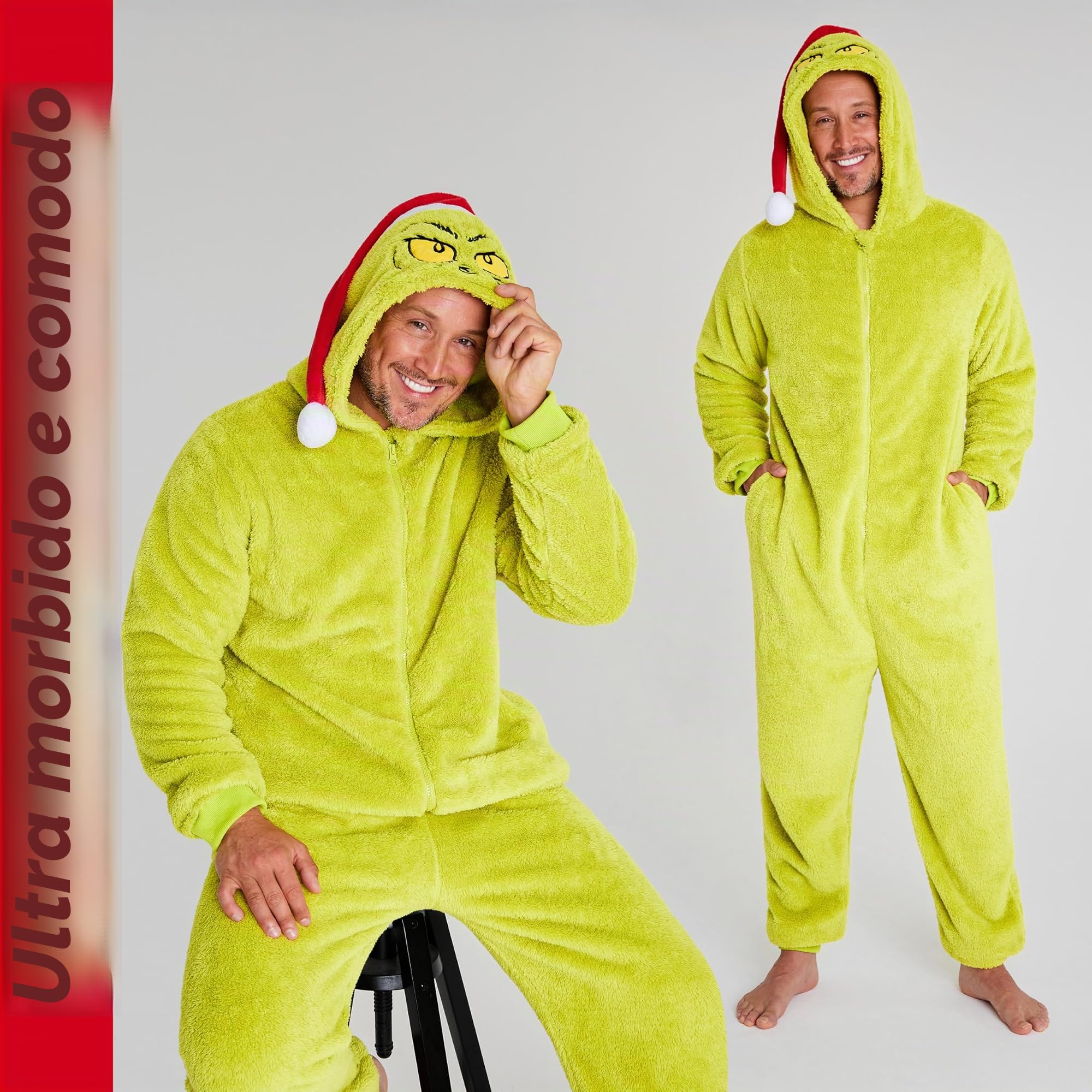 The Grinch Pigiama Intero Adulti Bambini, Famiglia Corrispondente Tuta Intera Cappuccio Cappello Babbo Natale, Regali Natalizi